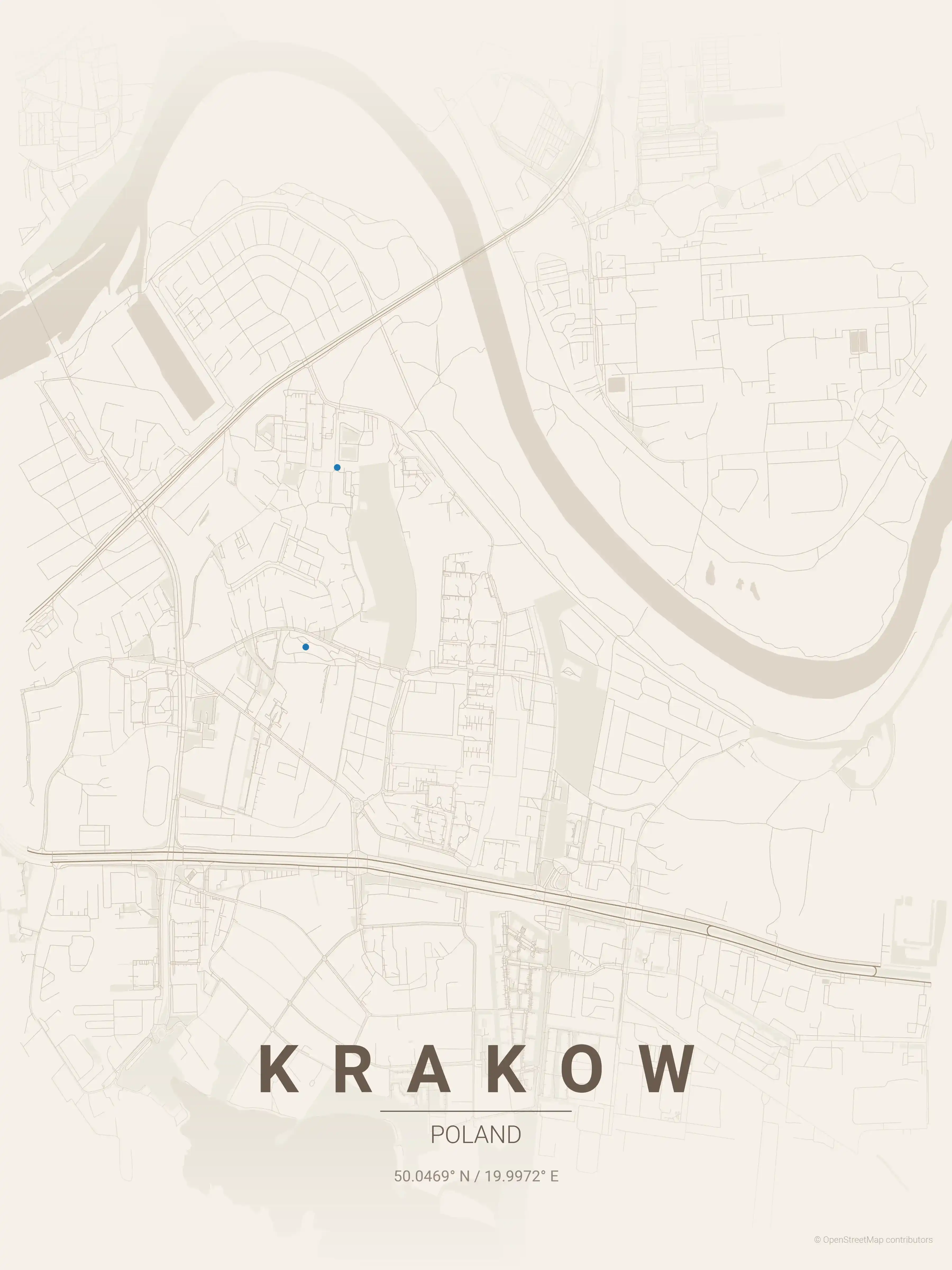 Minimalist warm_beige street map of Krakow, Poland - Urban grid art