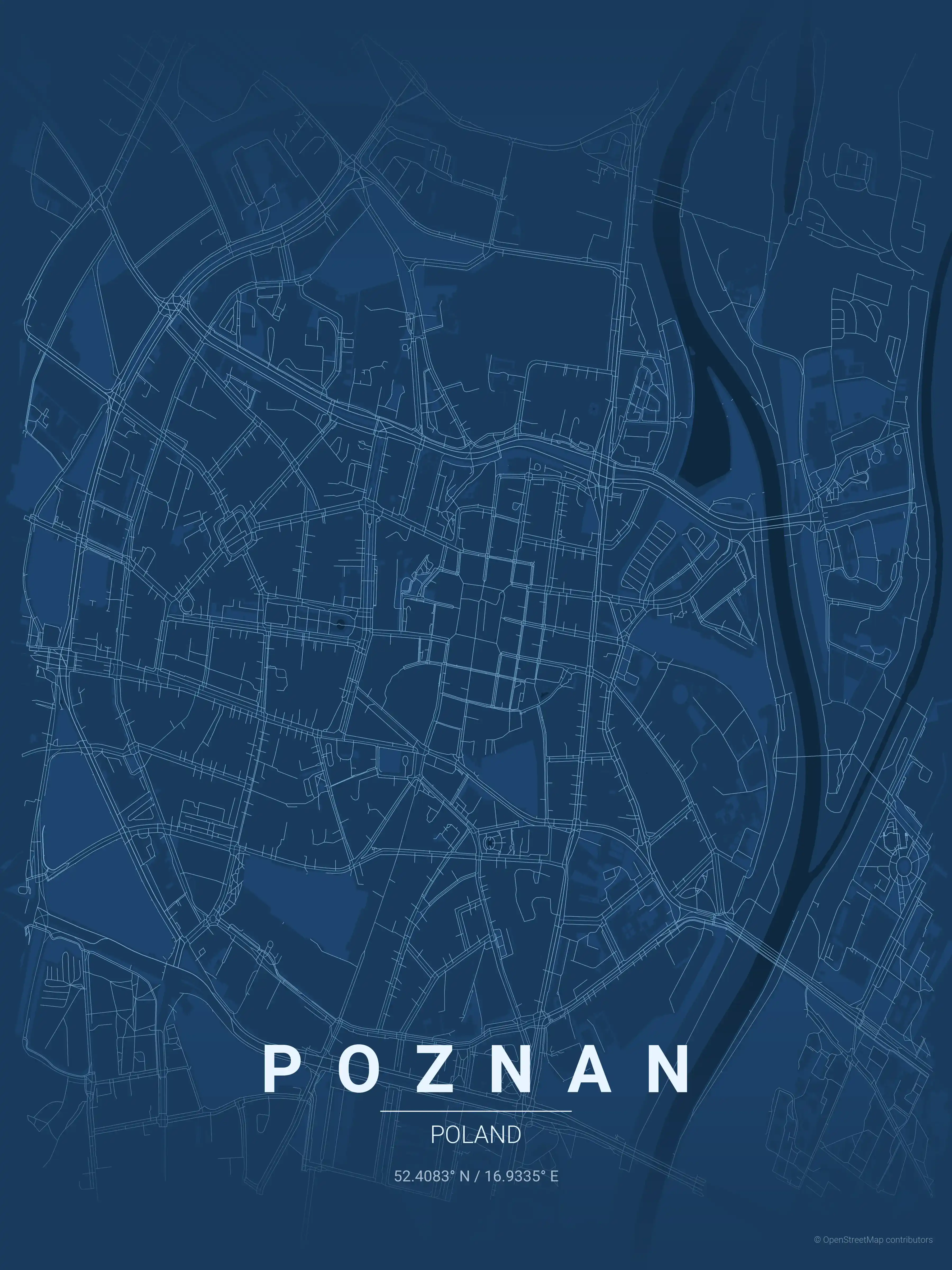 Minimalist blueprint street map of Poznan, Poland - Urban grid art