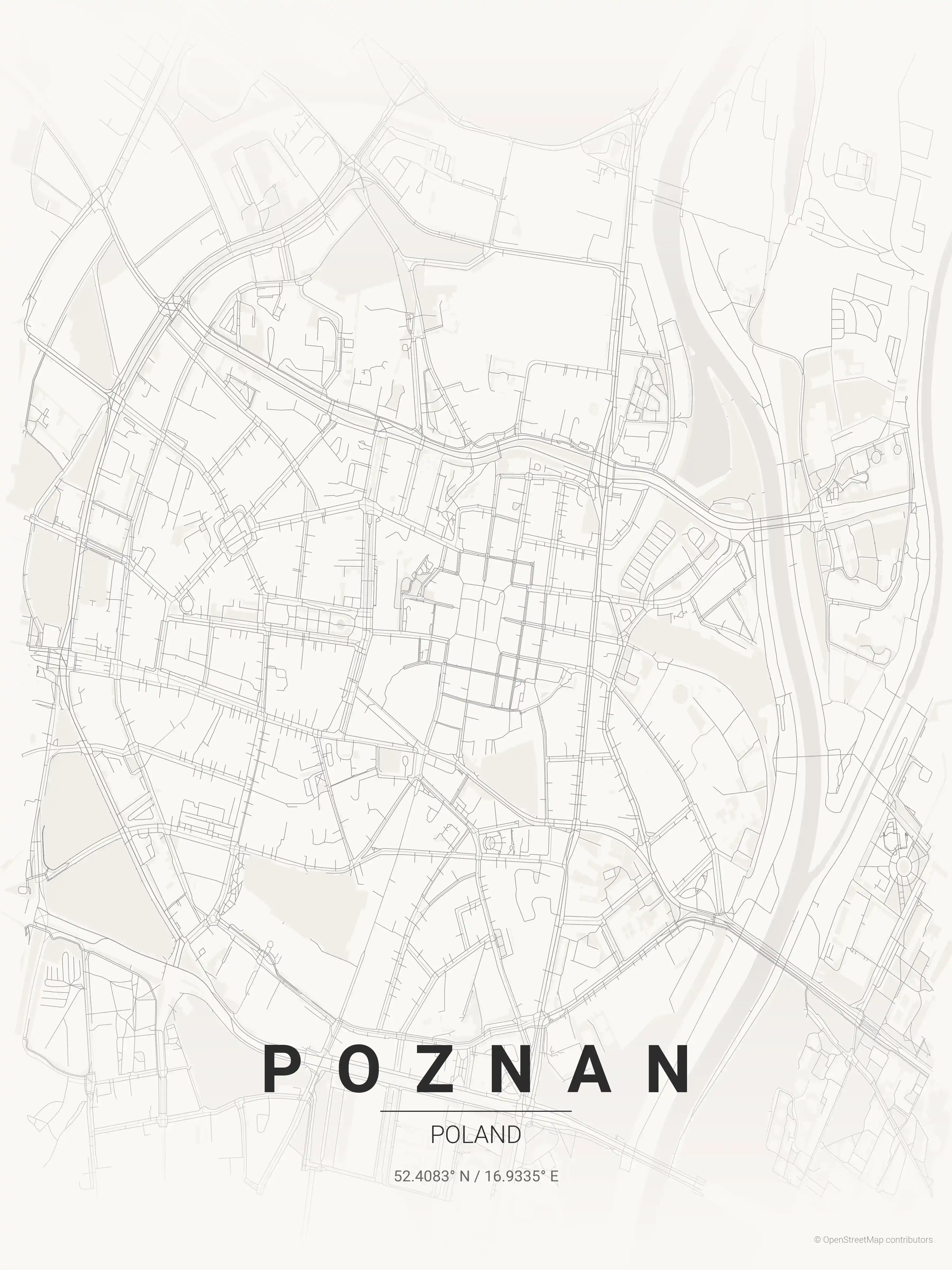 Minimalist japanese_ink street map of Poznan, Poland - Urban grid art