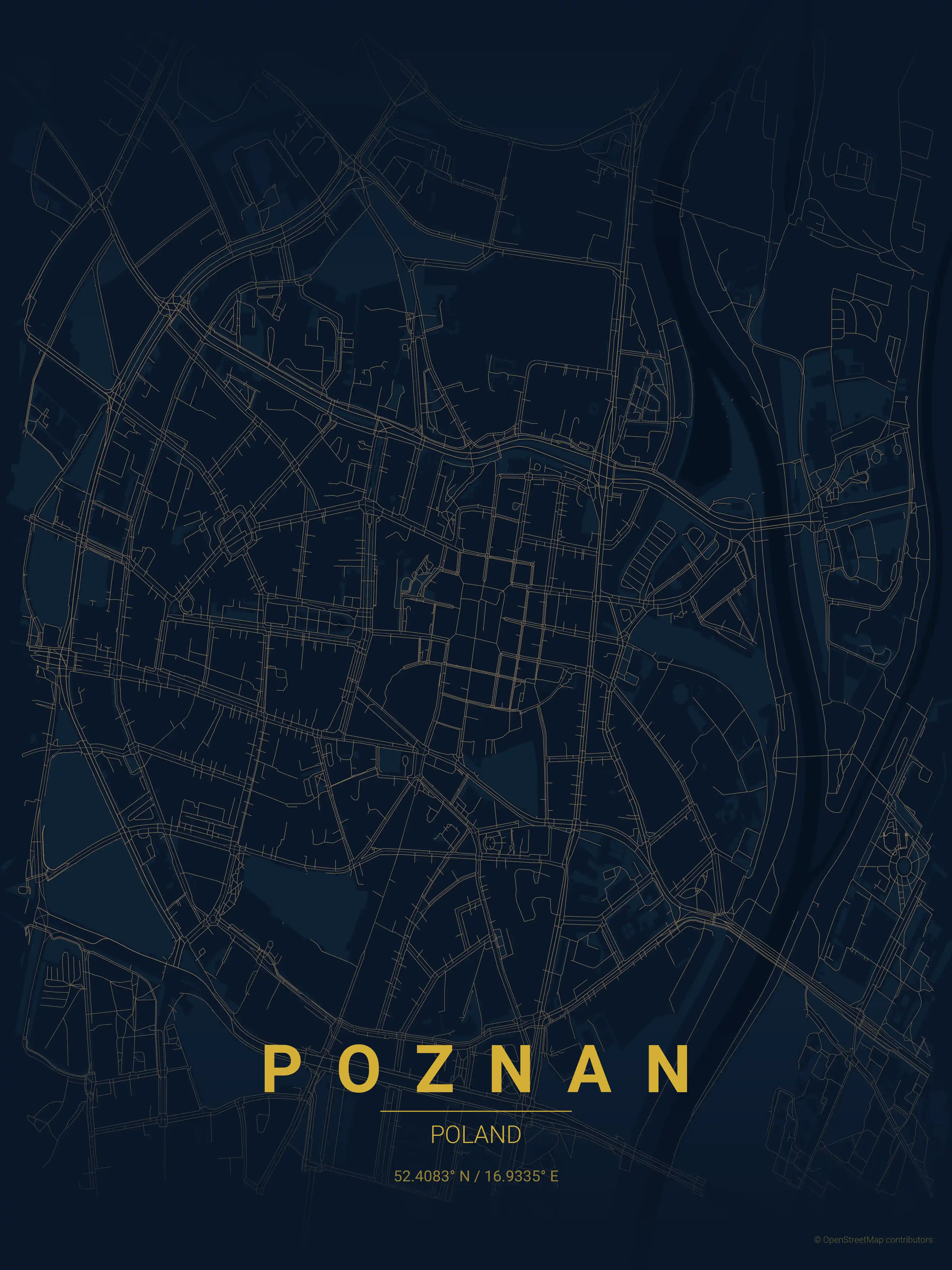 Minimalist midnight_blue street map of Poznan, Poland - Urban grid art