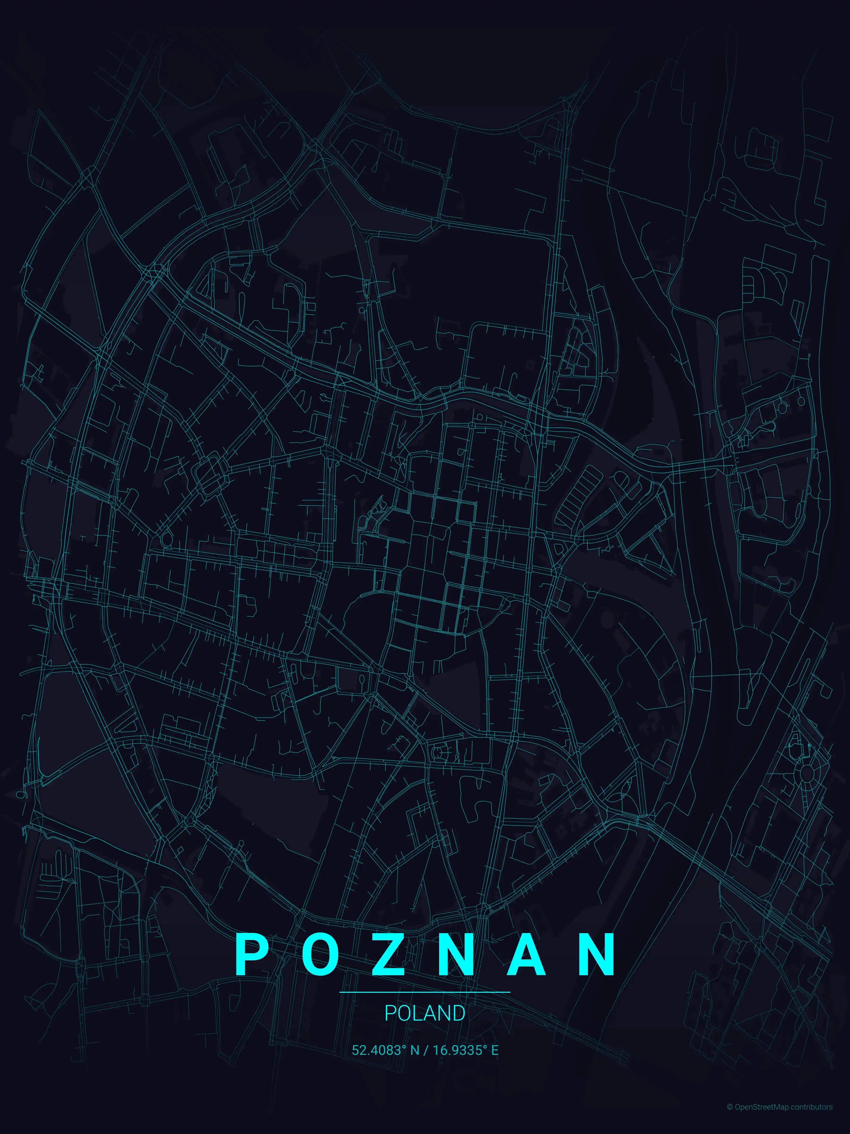 Minimalist neon_cyberpunk street map of Poznan, Poland - Urban grid art