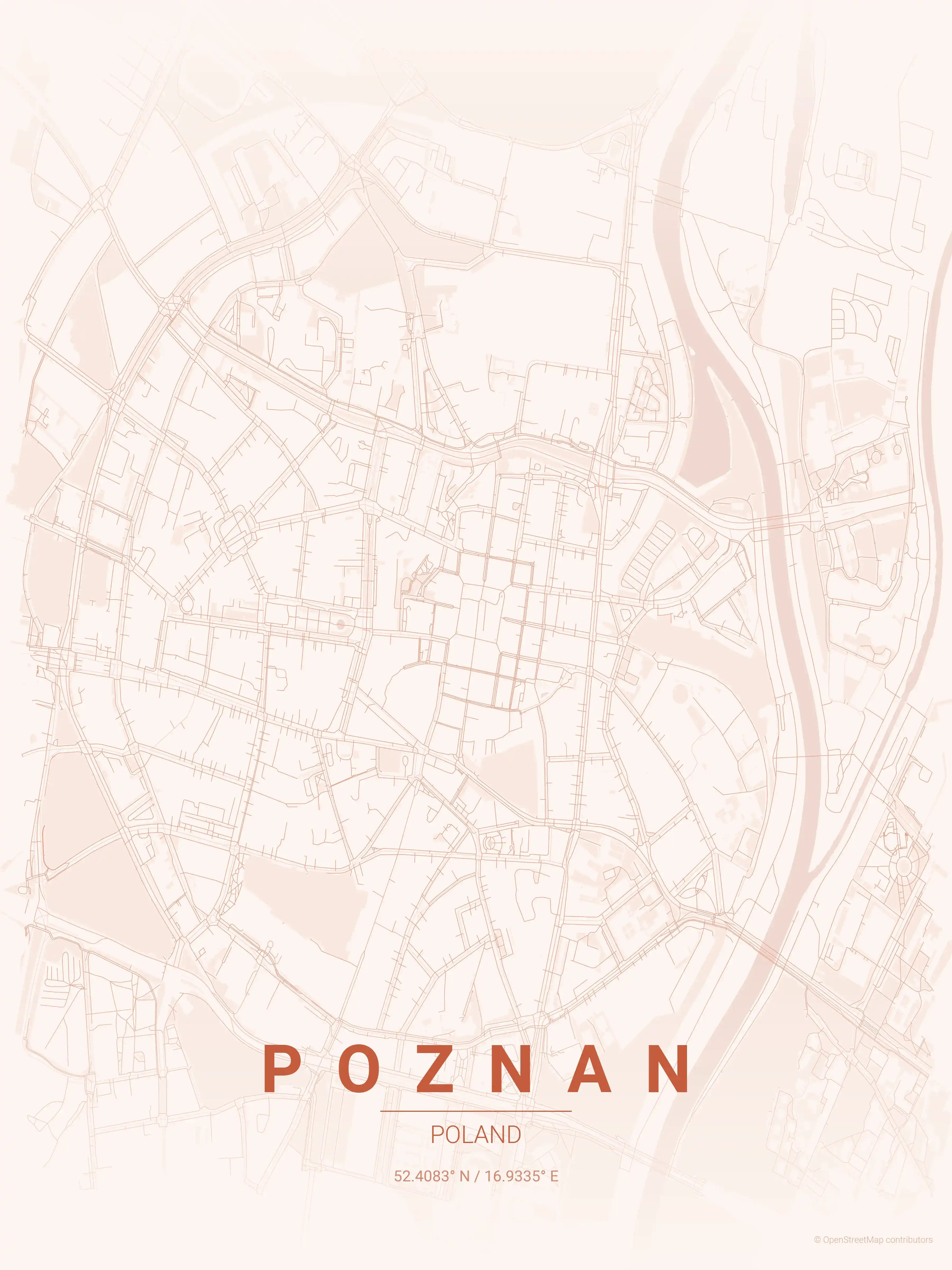 Minimalist sunset street map of Poznan, Poland - Urban grid art