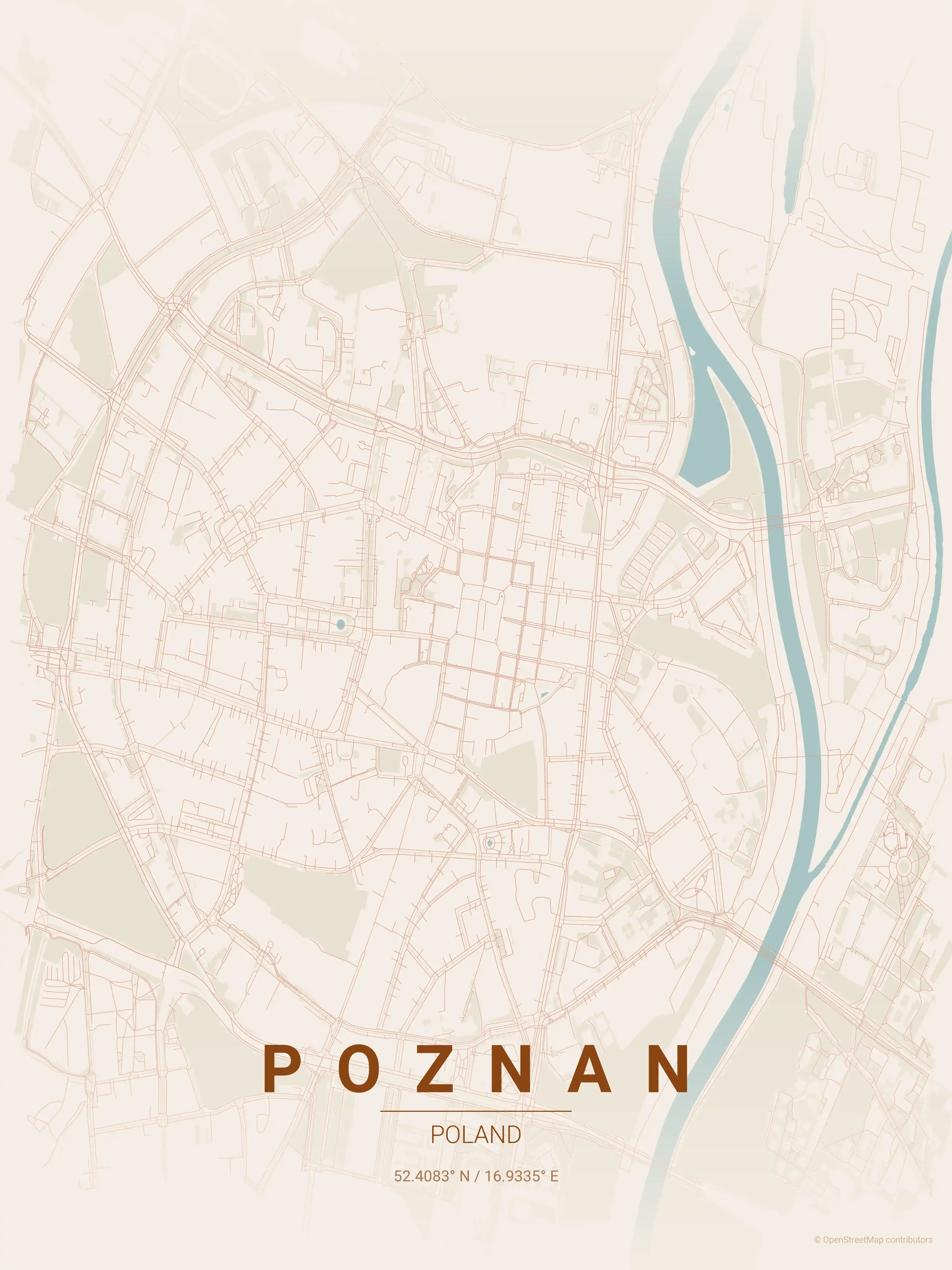 Minimalist terracotta street map of Poznan, Poland - Urban grid art