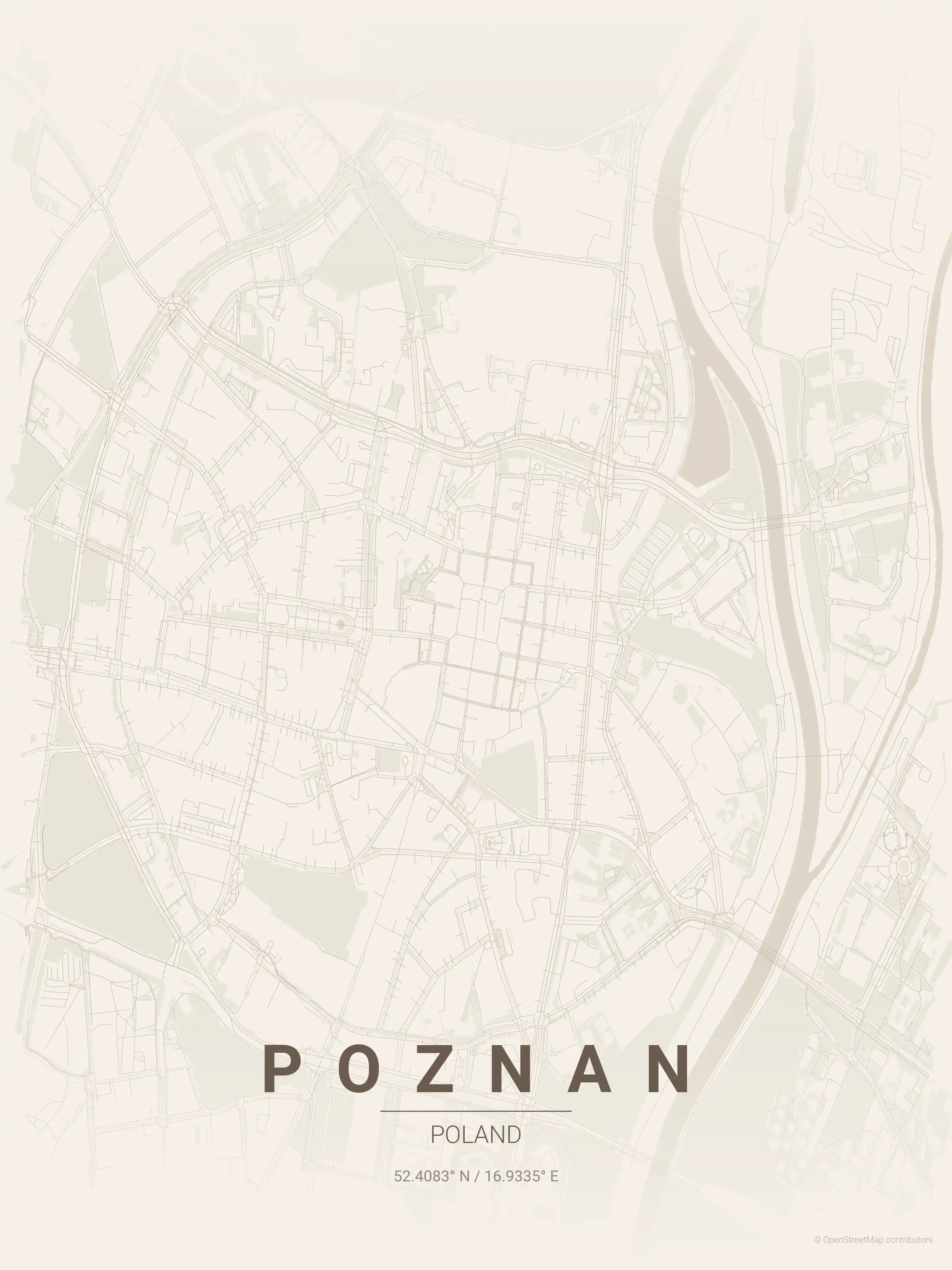 Minimalist warm_beige street map of Poznan, Poland - Urban grid art