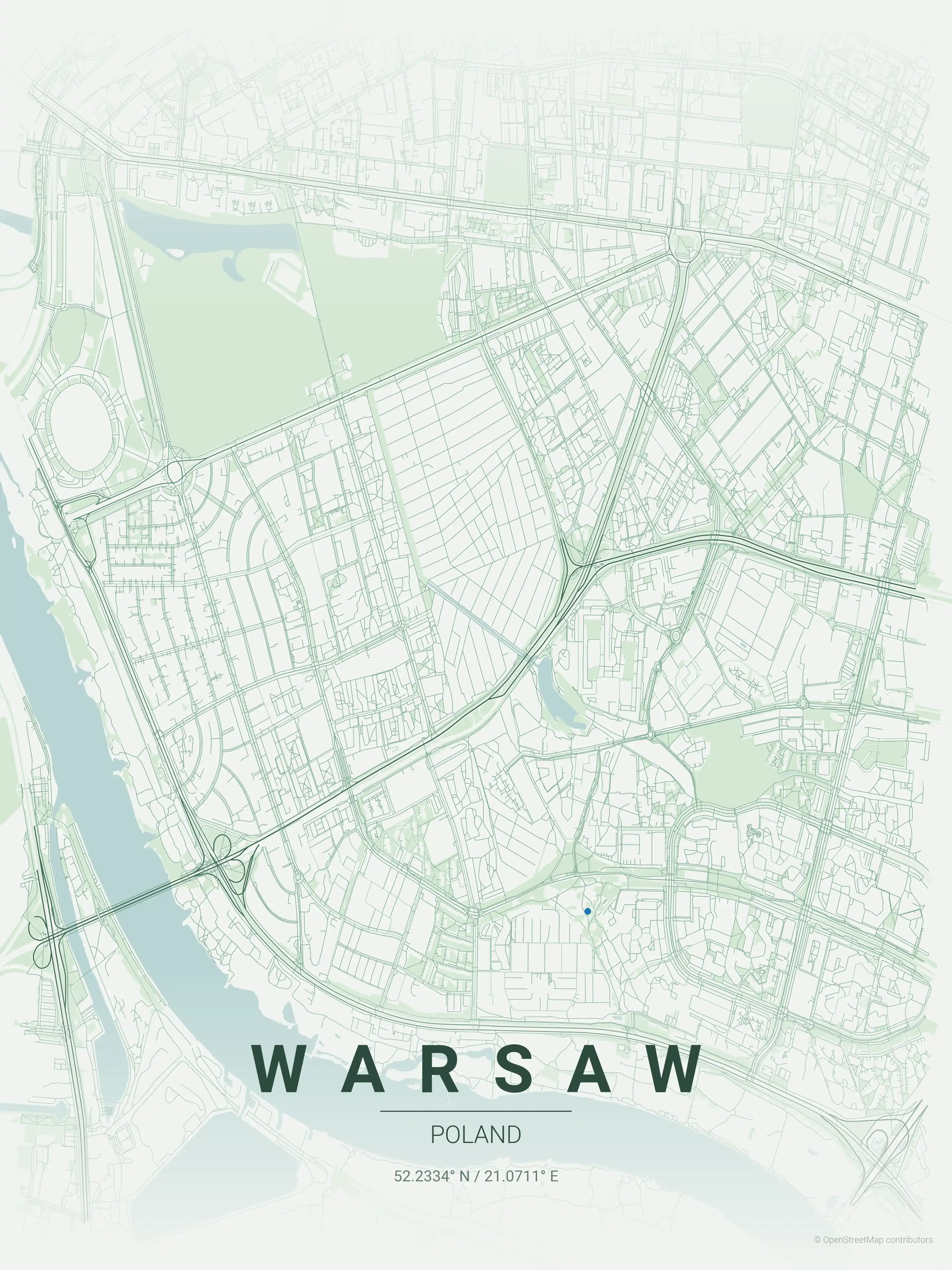 Minimalist forest street map of Warsaw, Poland - Urban grid art