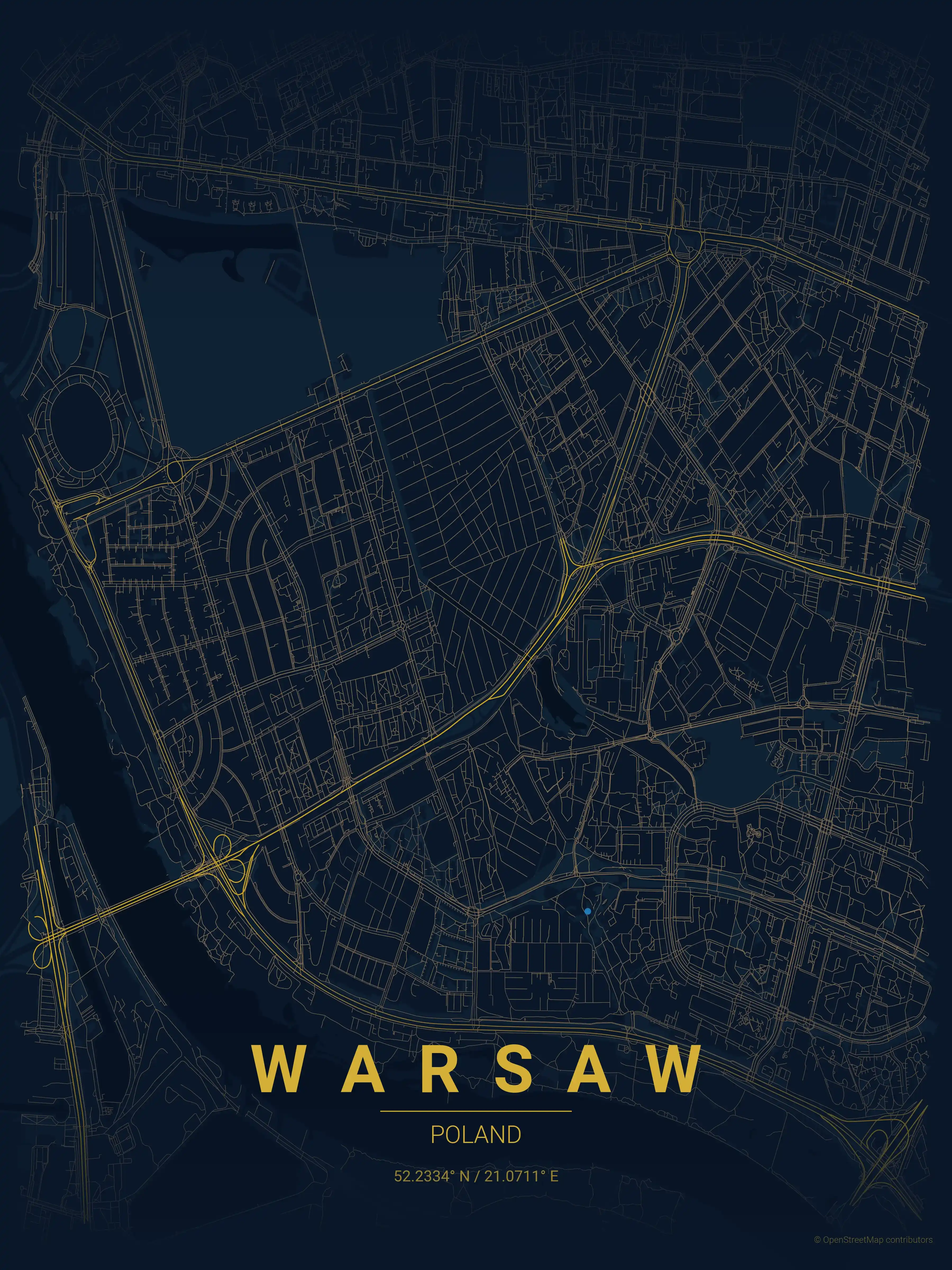 Minimalist midnight_blue street map of Warsaw, Poland - Urban grid art
