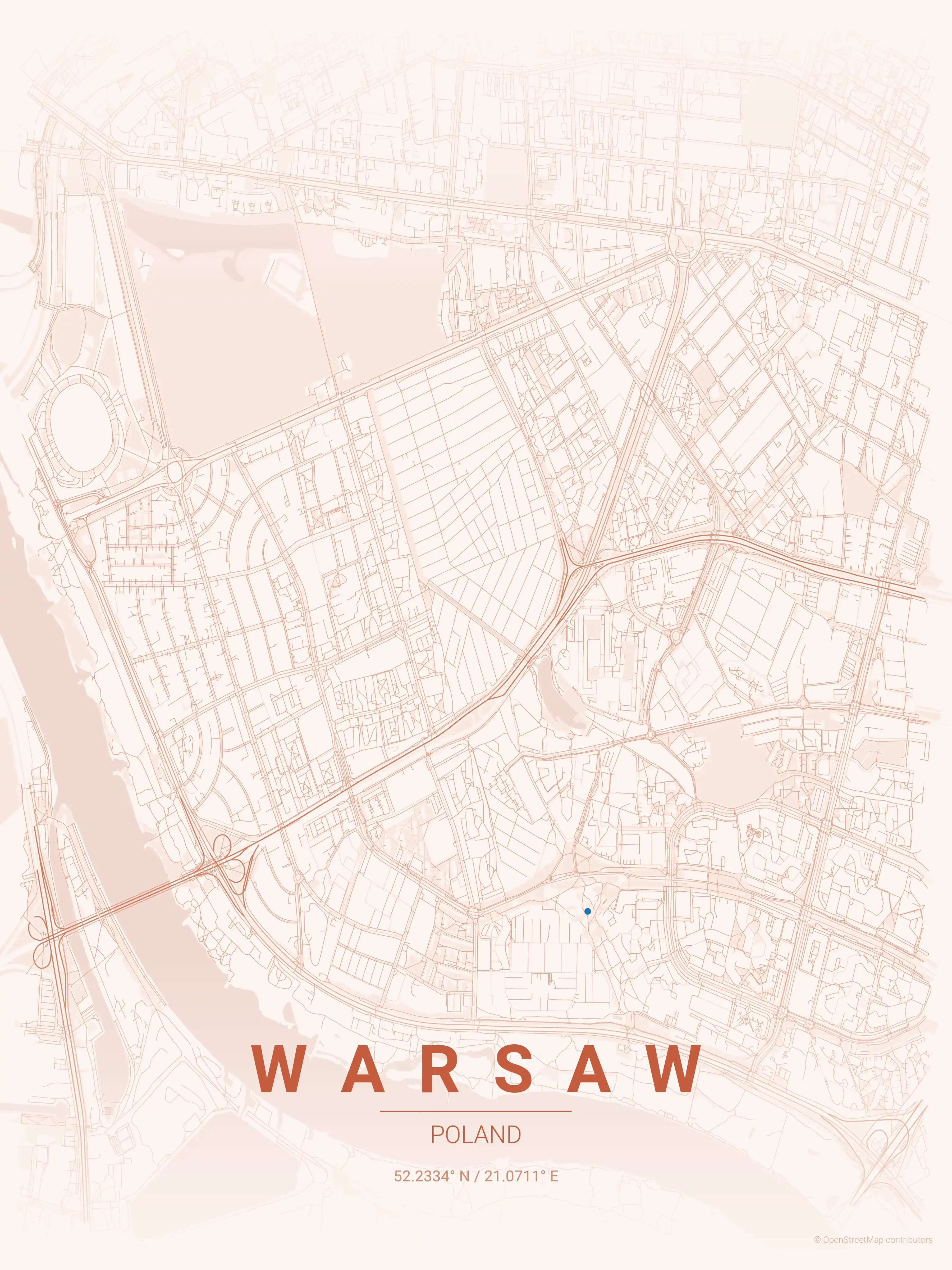 Minimalist sunset street map of Warsaw, Poland - Urban grid art