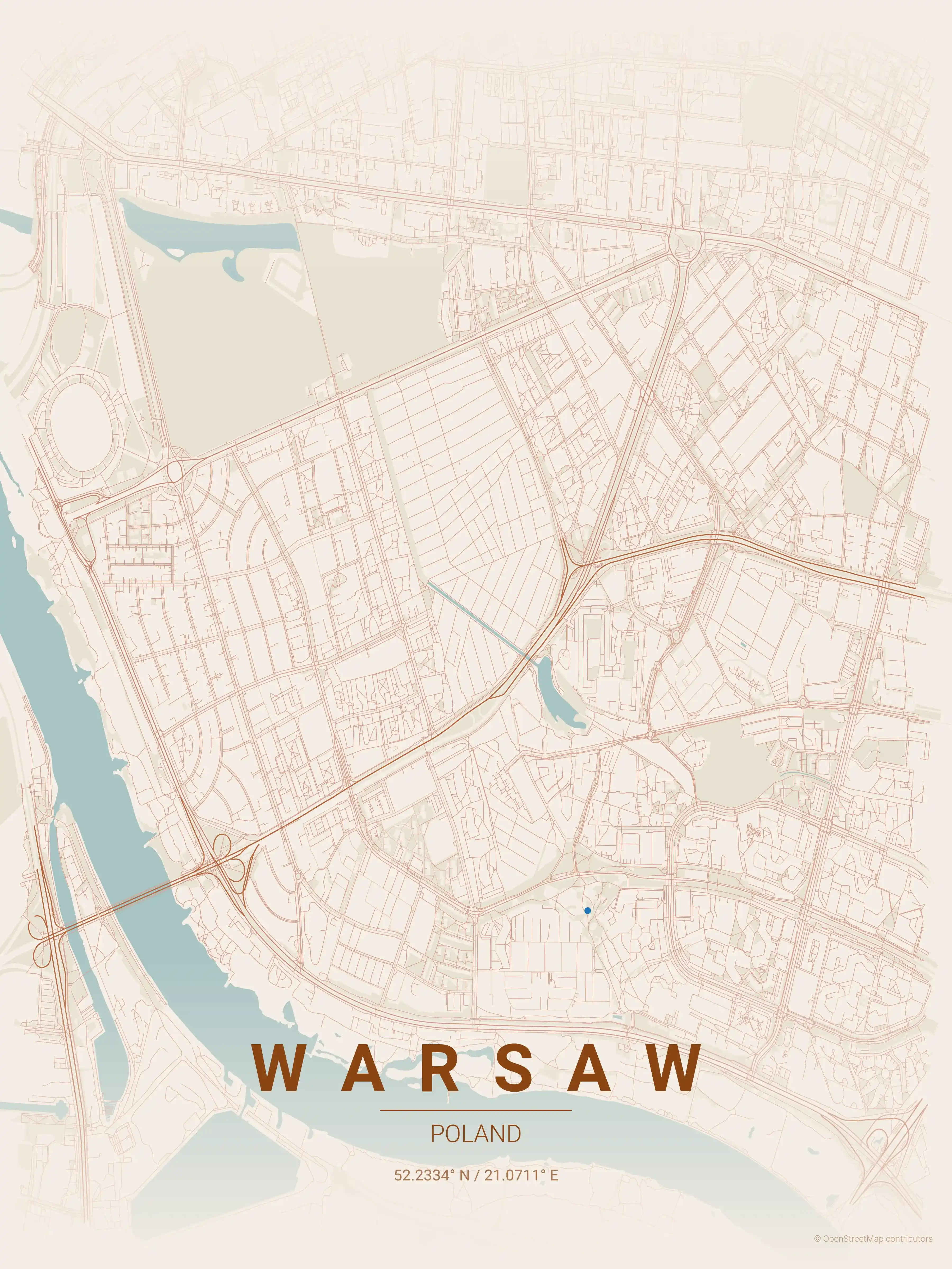 Minimalist terracotta street map of Warsaw, Poland - Urban grid art