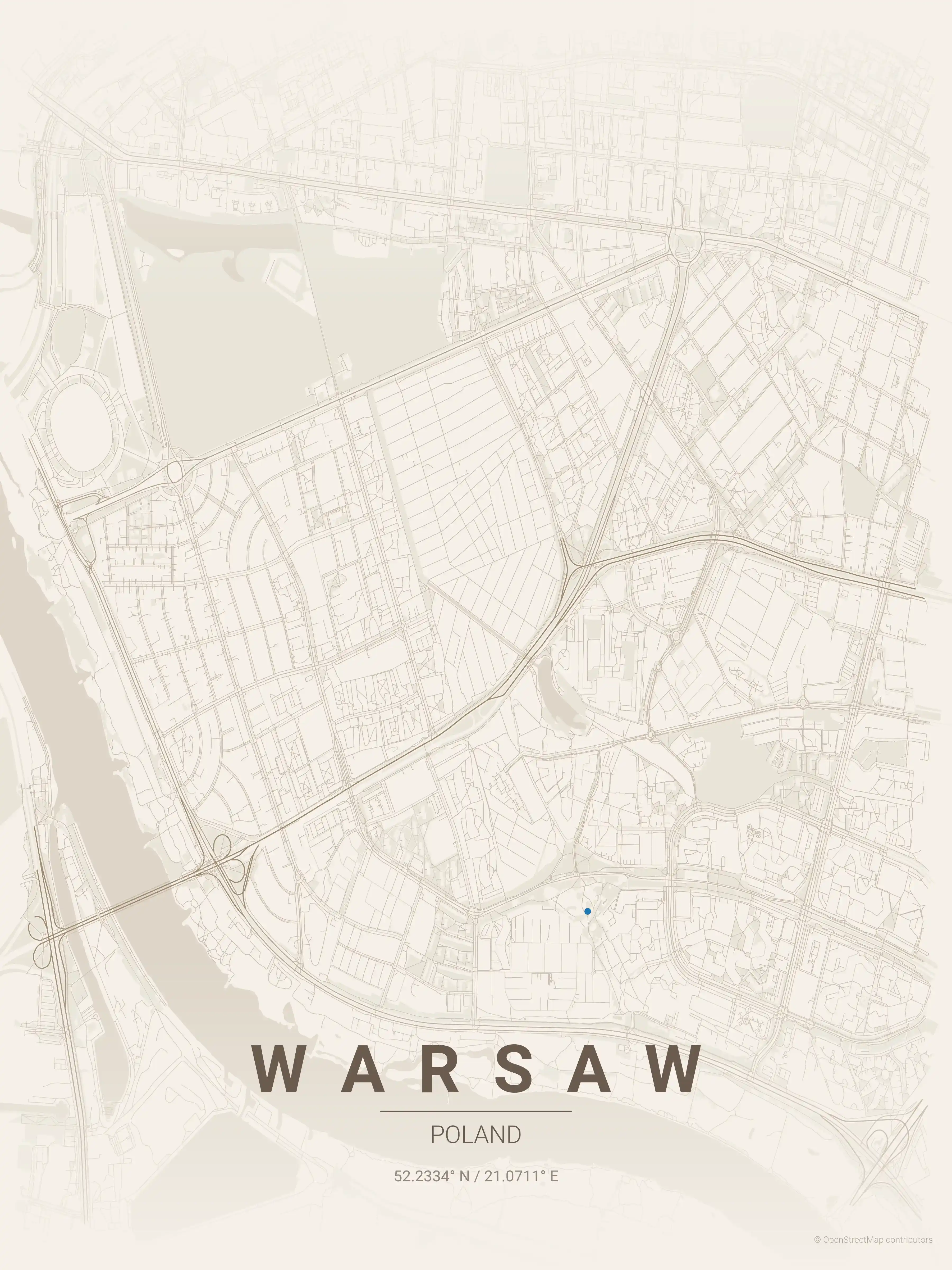 Minimalist warm_beige street map of Warsaw, Poland - Urban grid art