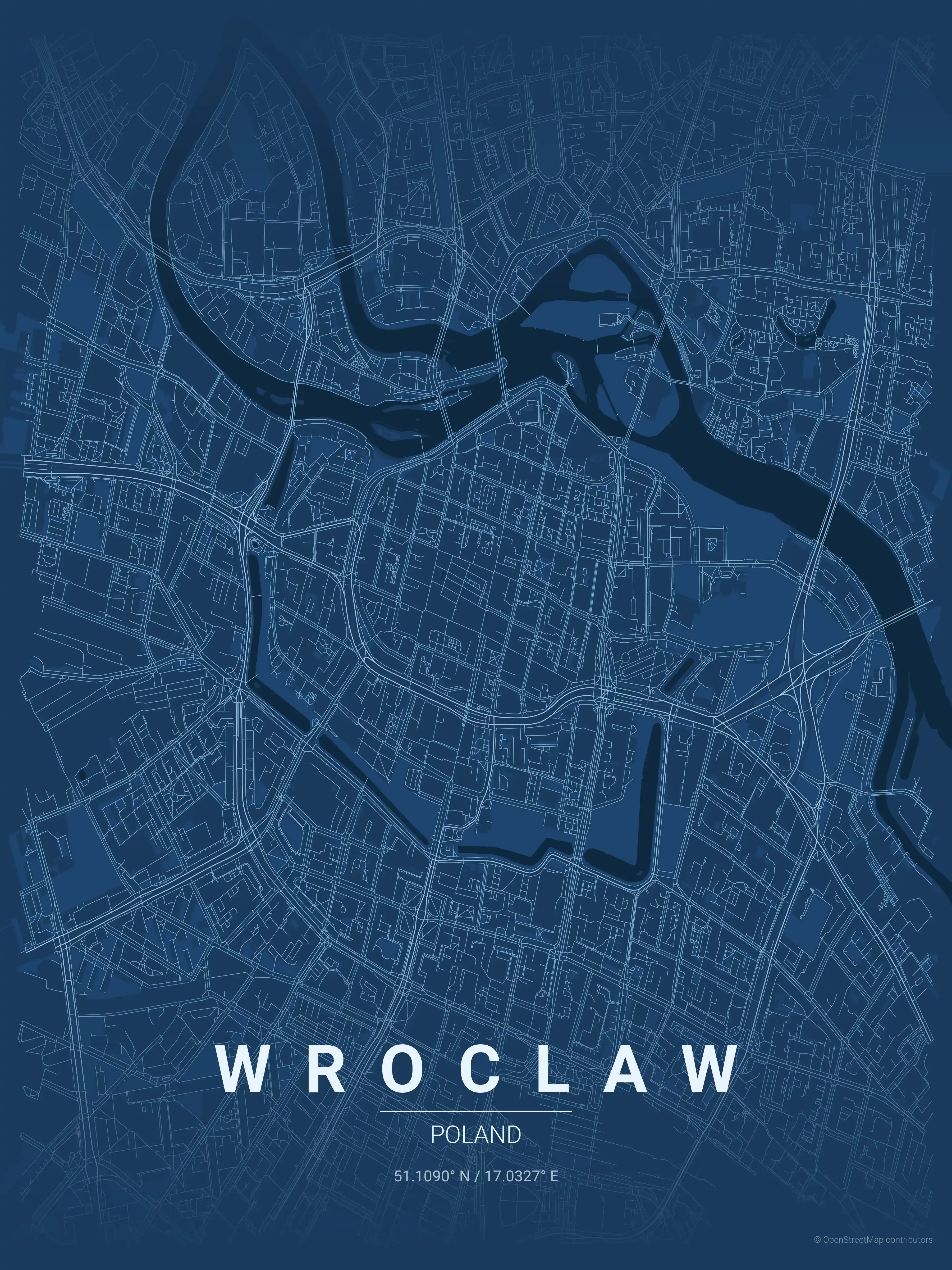 Minimalist blueprint street map of Wroclaw, Poland - Urban grid art