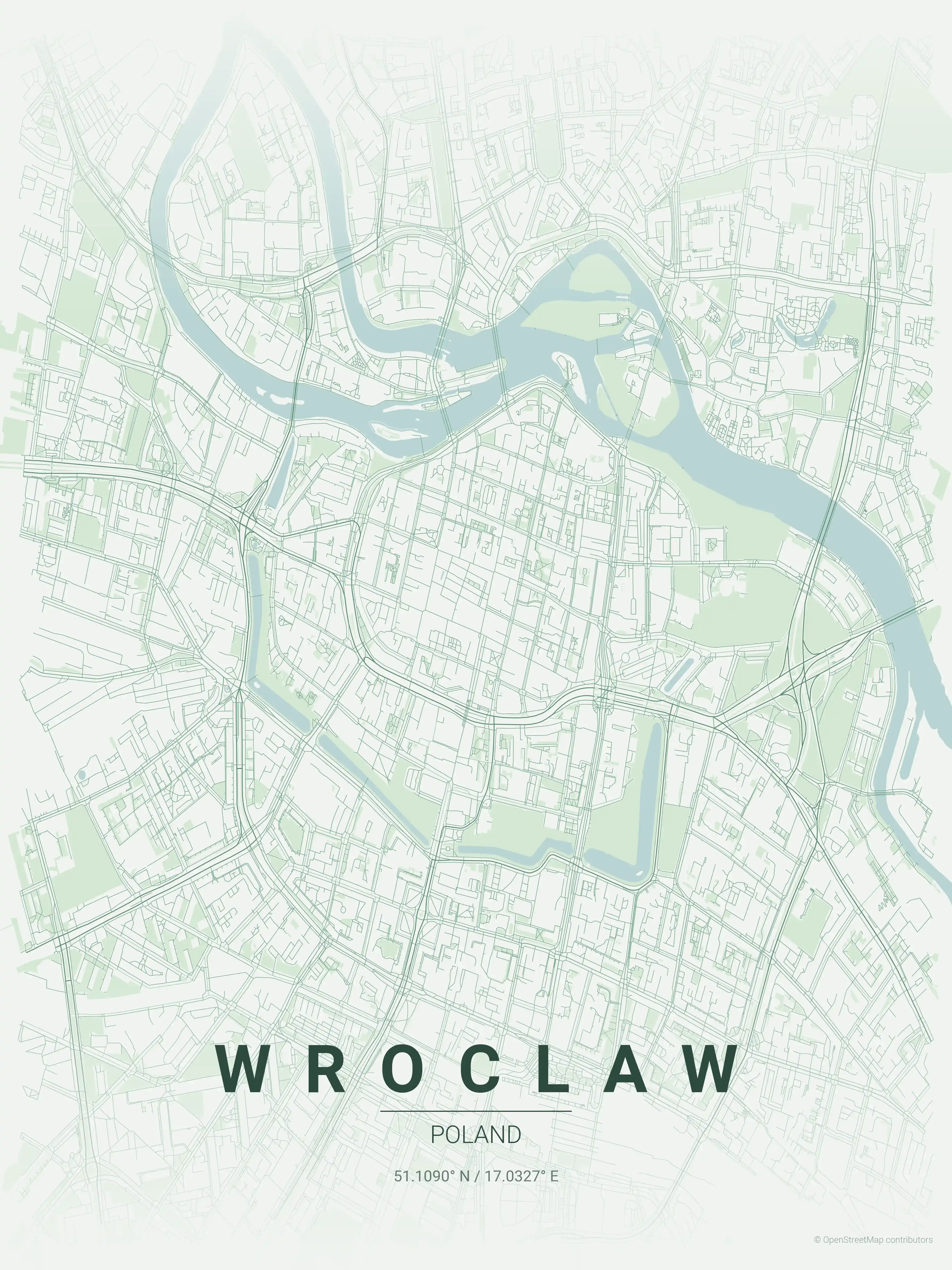 Minimalist forest street map of Wroclaw, Poland - Urban grid art