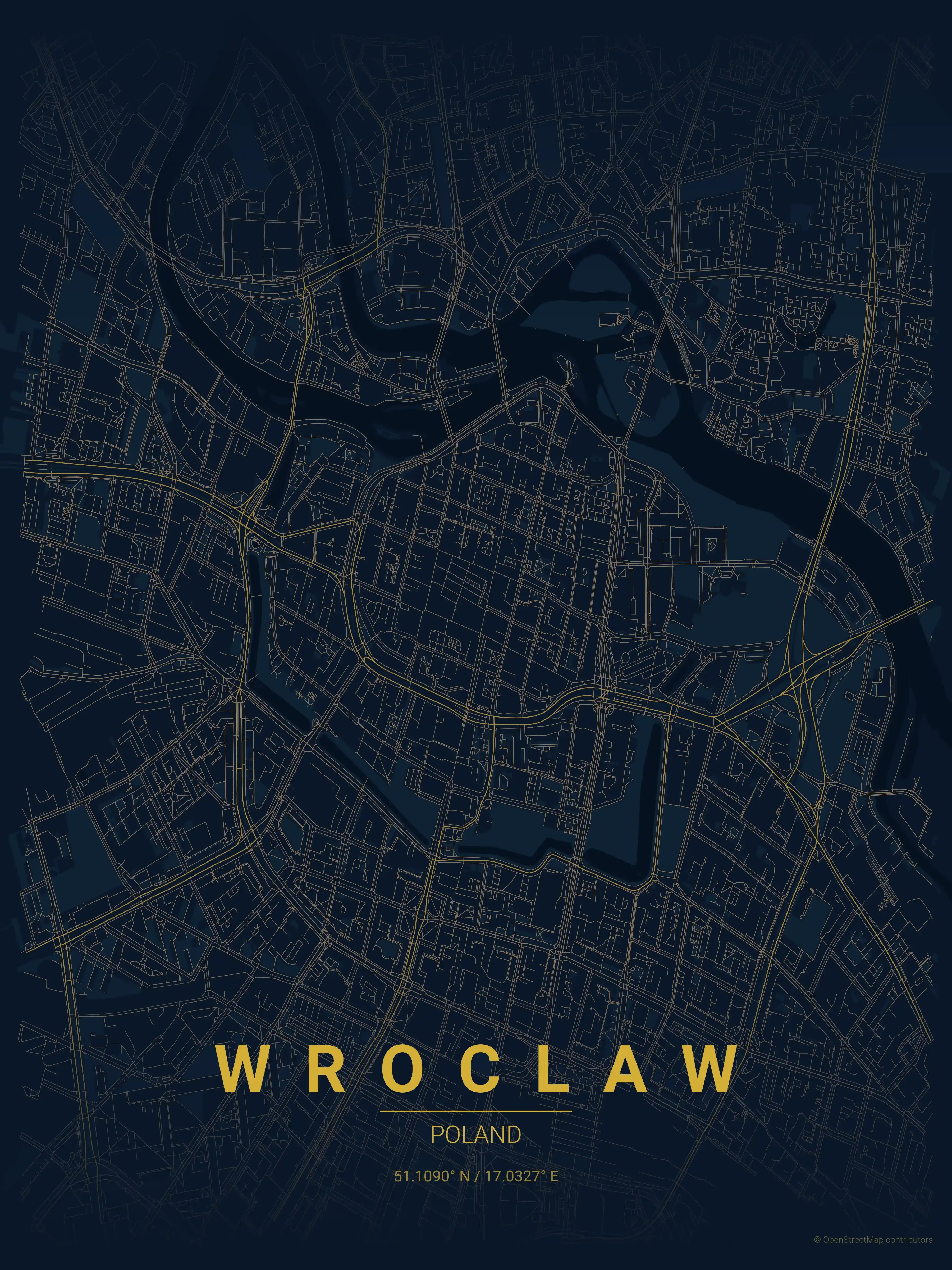 Minimalist midnight_blue street map of Wroclaw, Poland - Urban grid art
