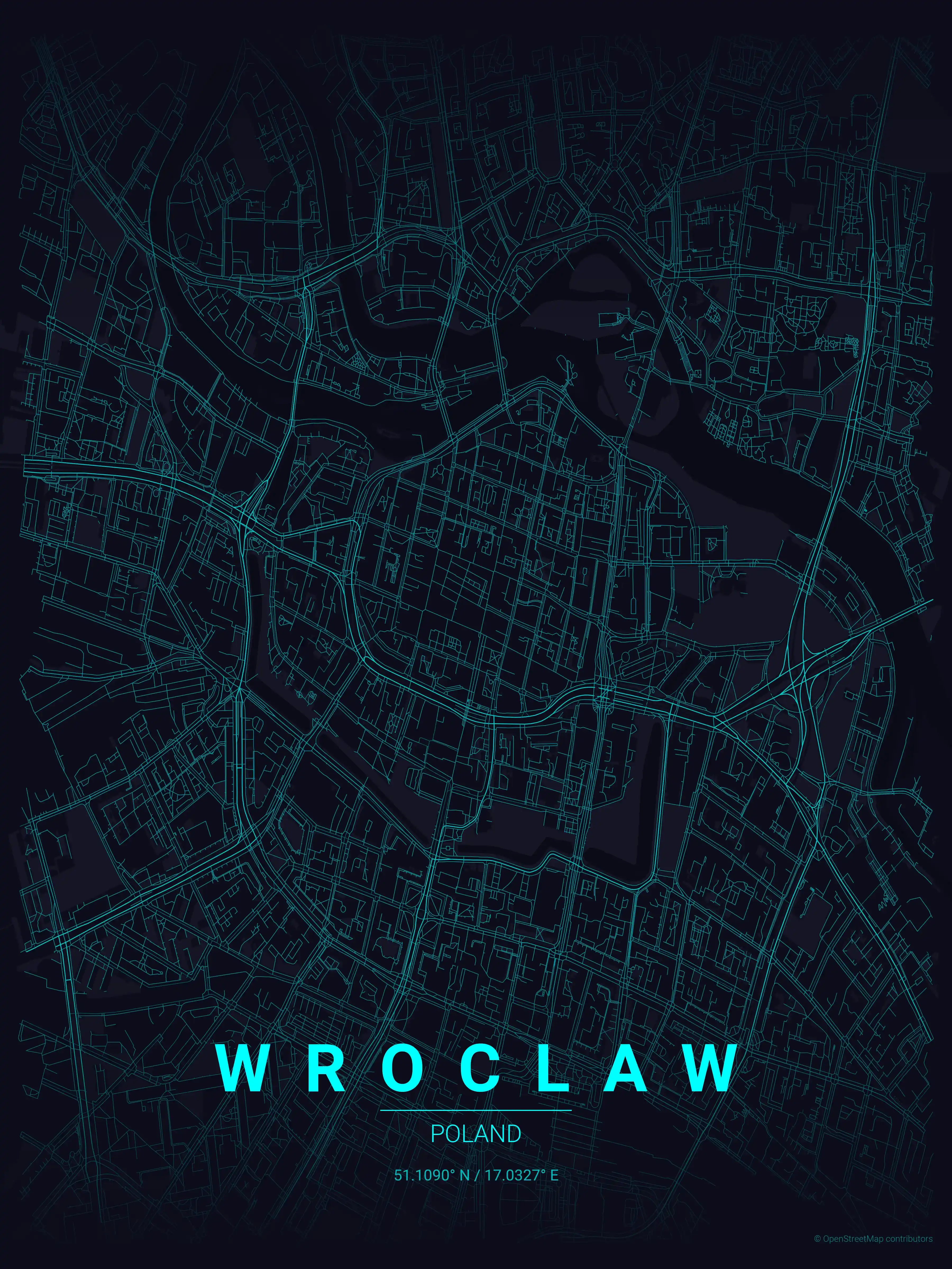 Minimalist neon_cyberpunk street map of Wroclaw, Poland - Urban grid art