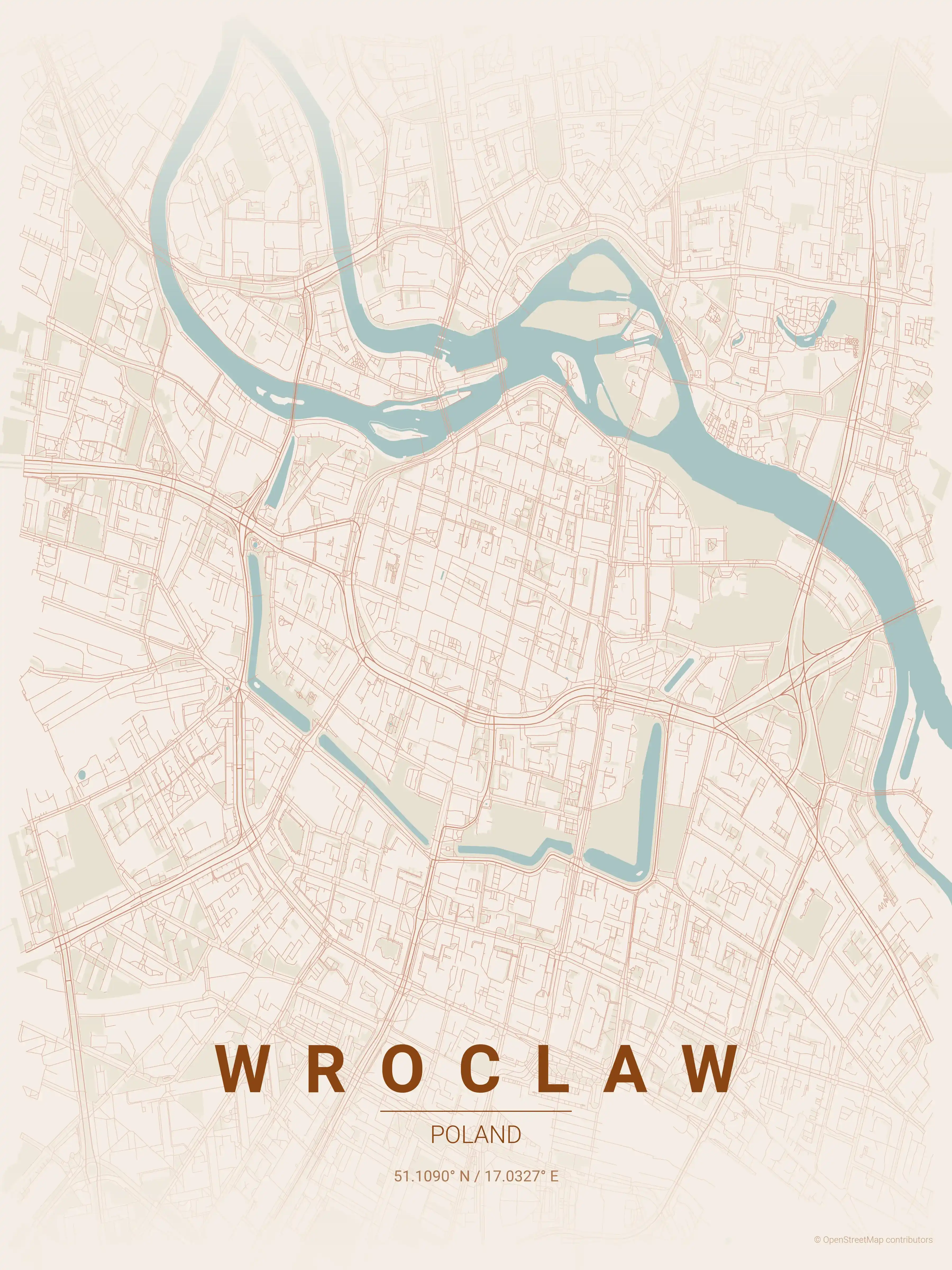 Minimalist terracotta street map of Wroclaw, Poland - Urban grid art