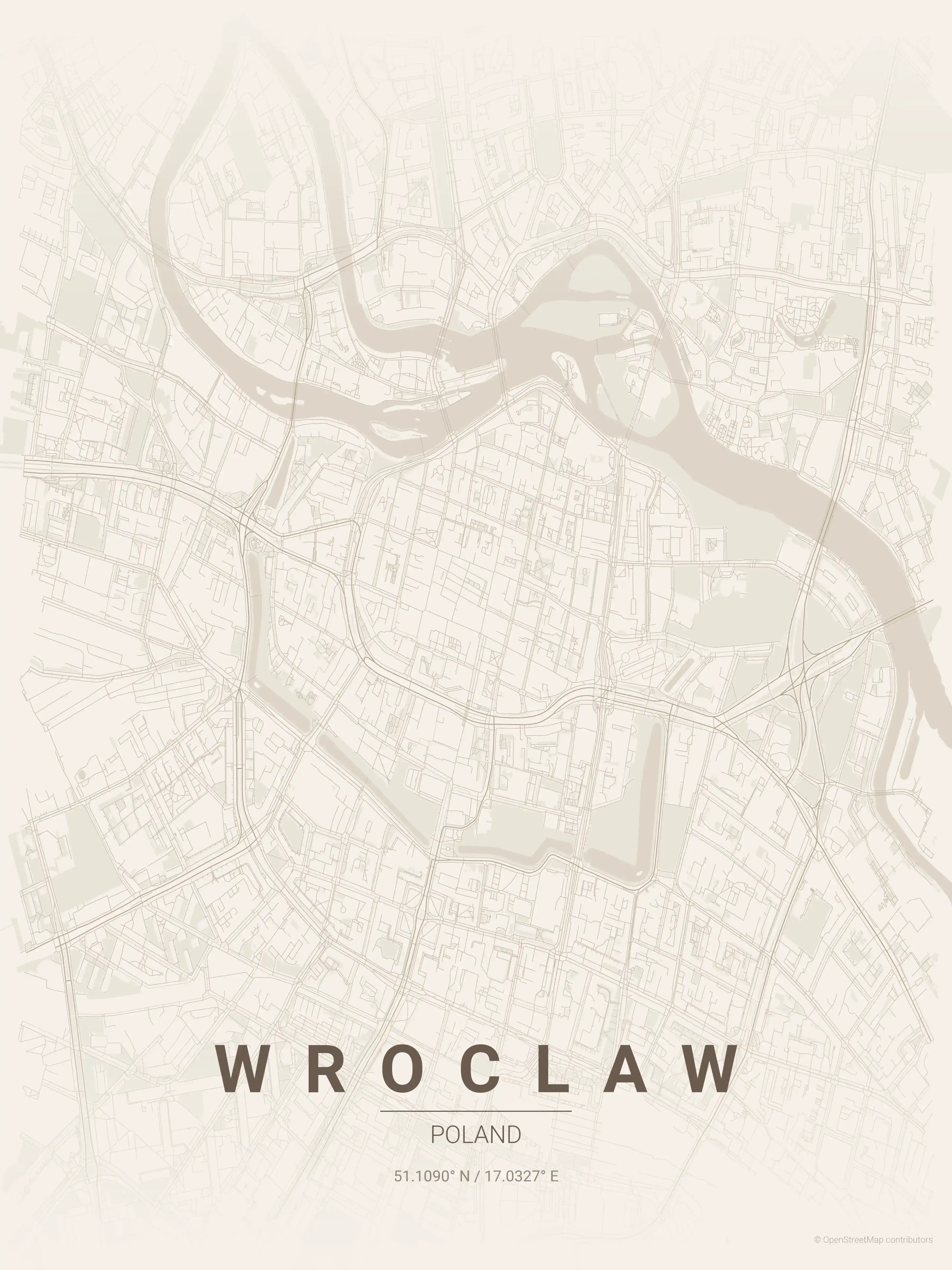 Minimalist warm_beige street map of Wroclaw, Poland - Urban grid art