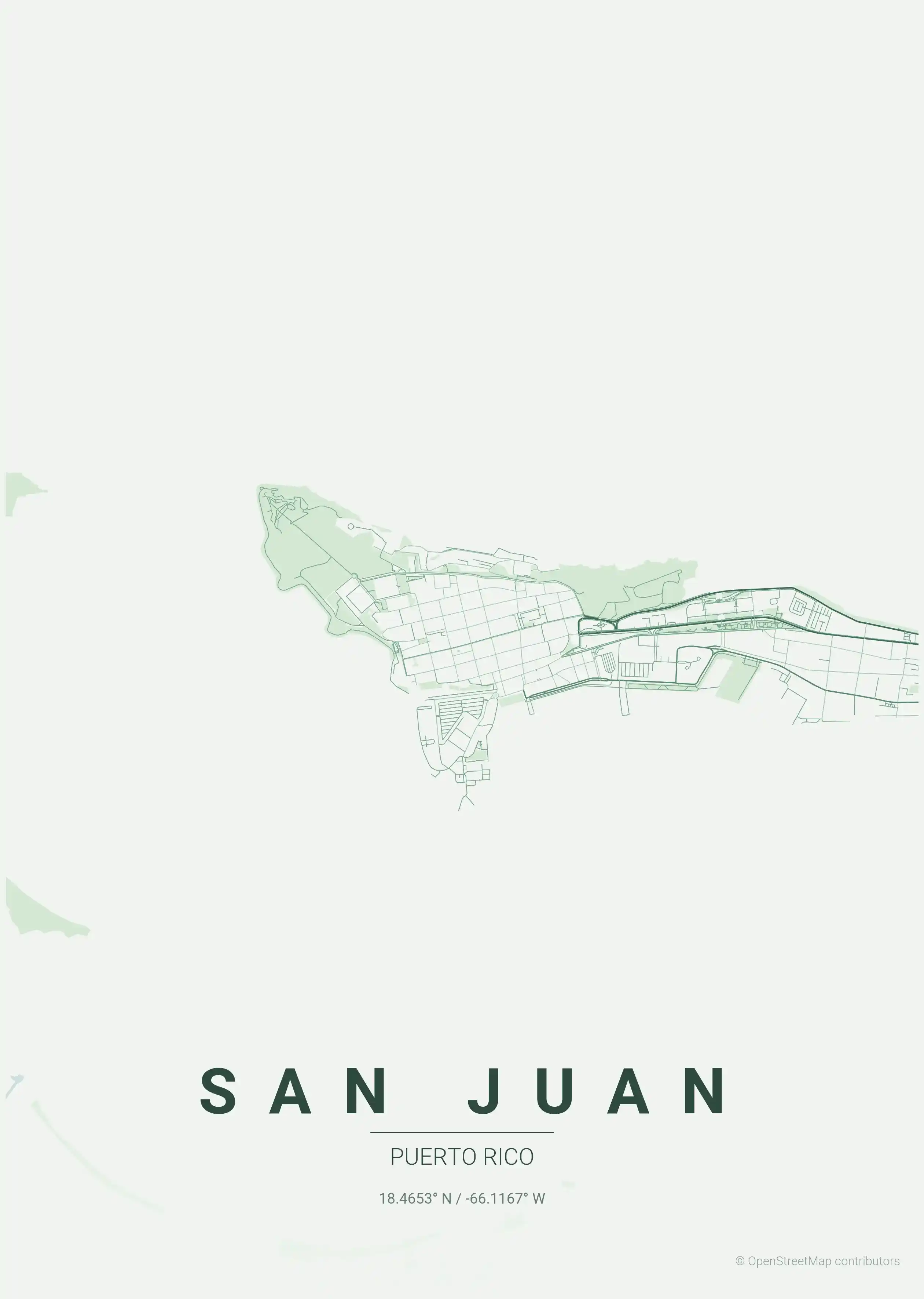 Minimalist forest street map of San Juan, Puerto Rico - Urban grid art