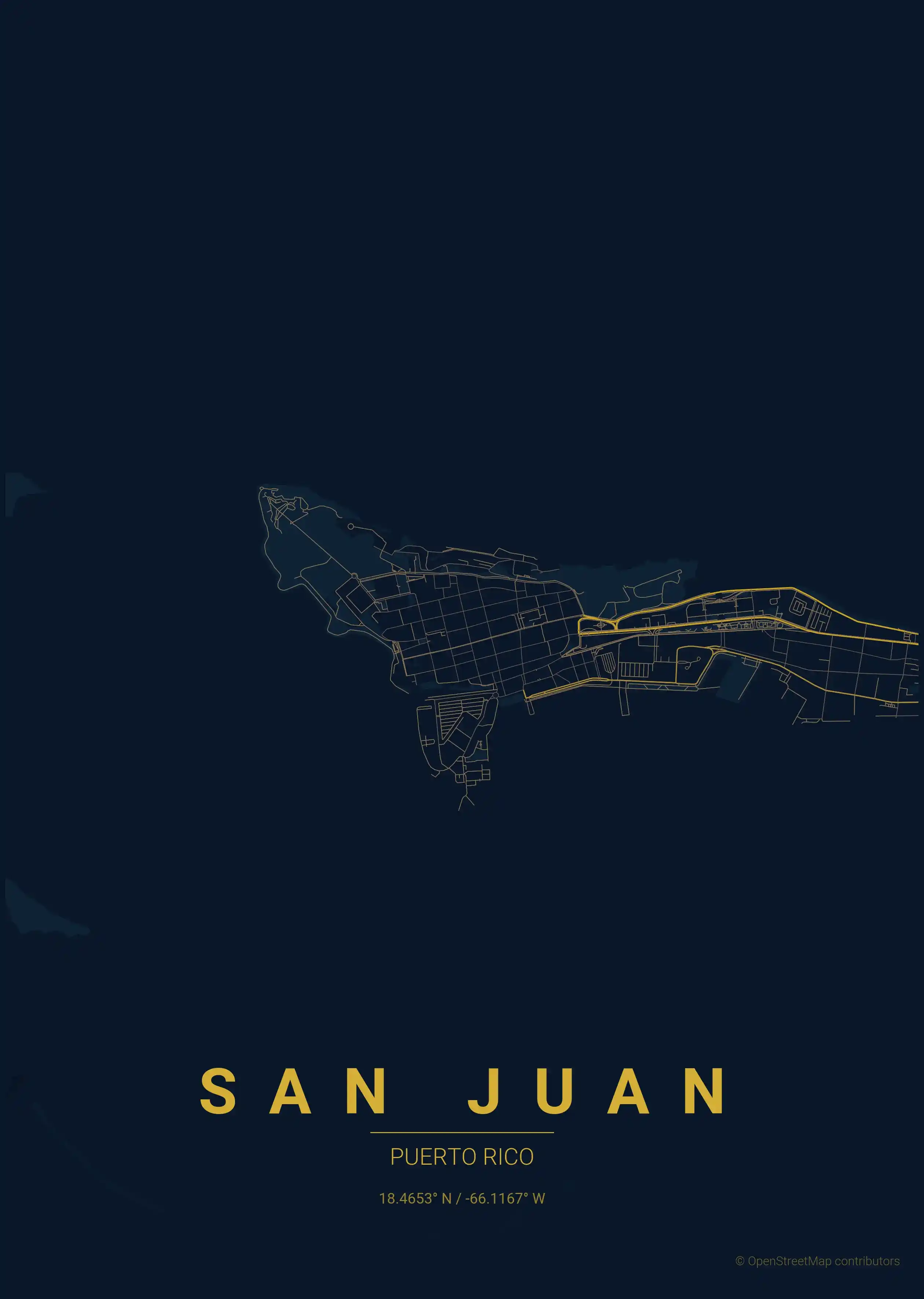 Minimalist midnight_blue street map of San Juan, Puerto Rico - Urban grid art