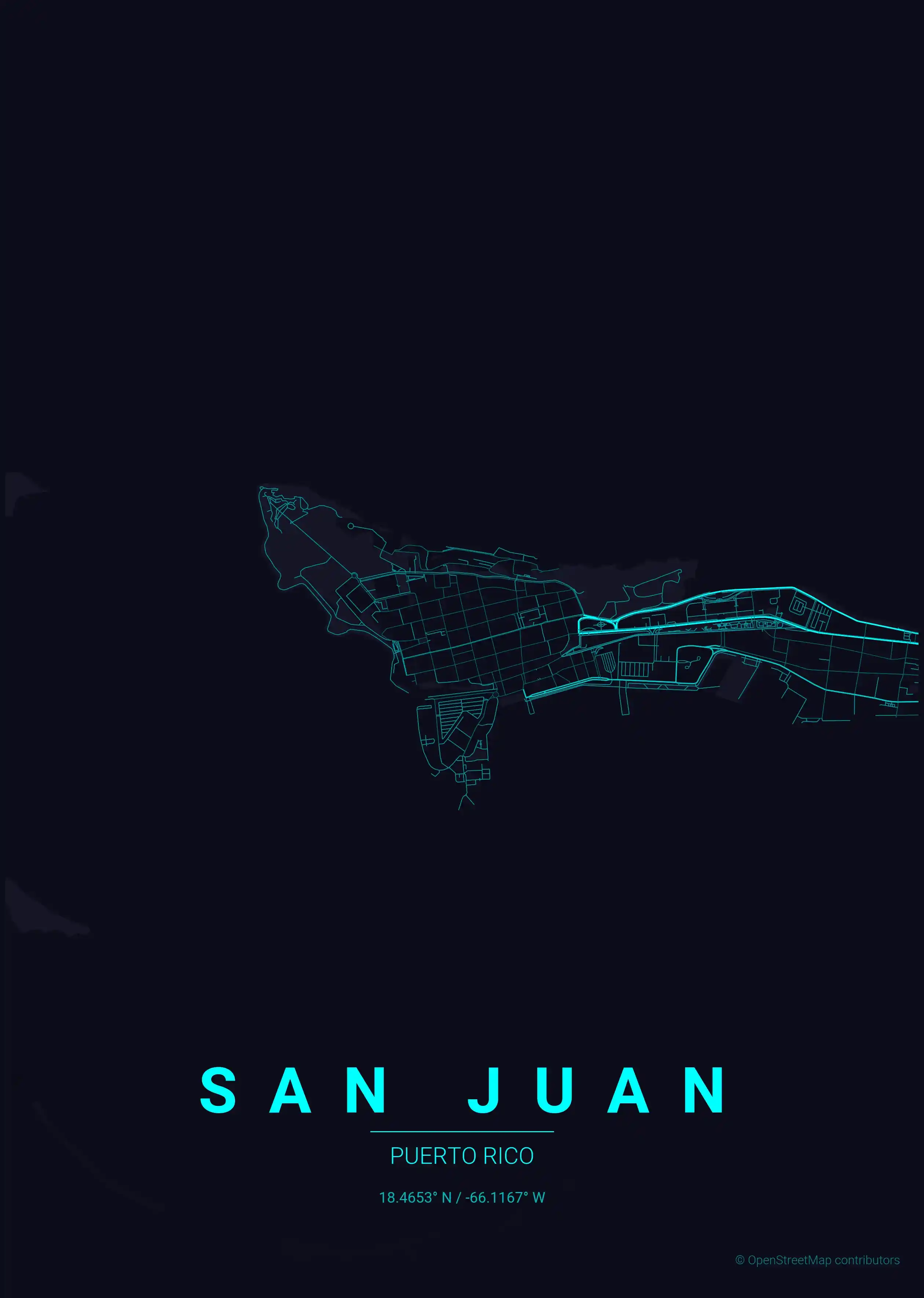 Minimalist neon_cyberpunk street map of San Juan, Puerto Rico - Urban grid art