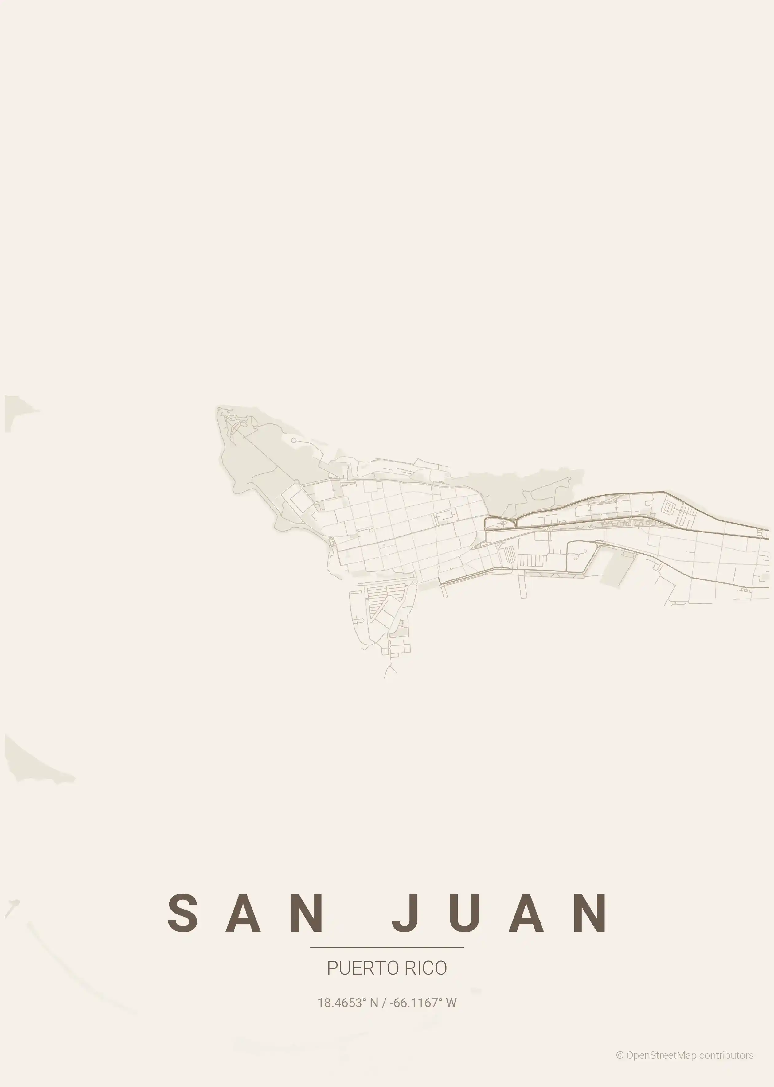Minimalist warm_beige street map of San Juan, Puerto Rico - Urban grid art