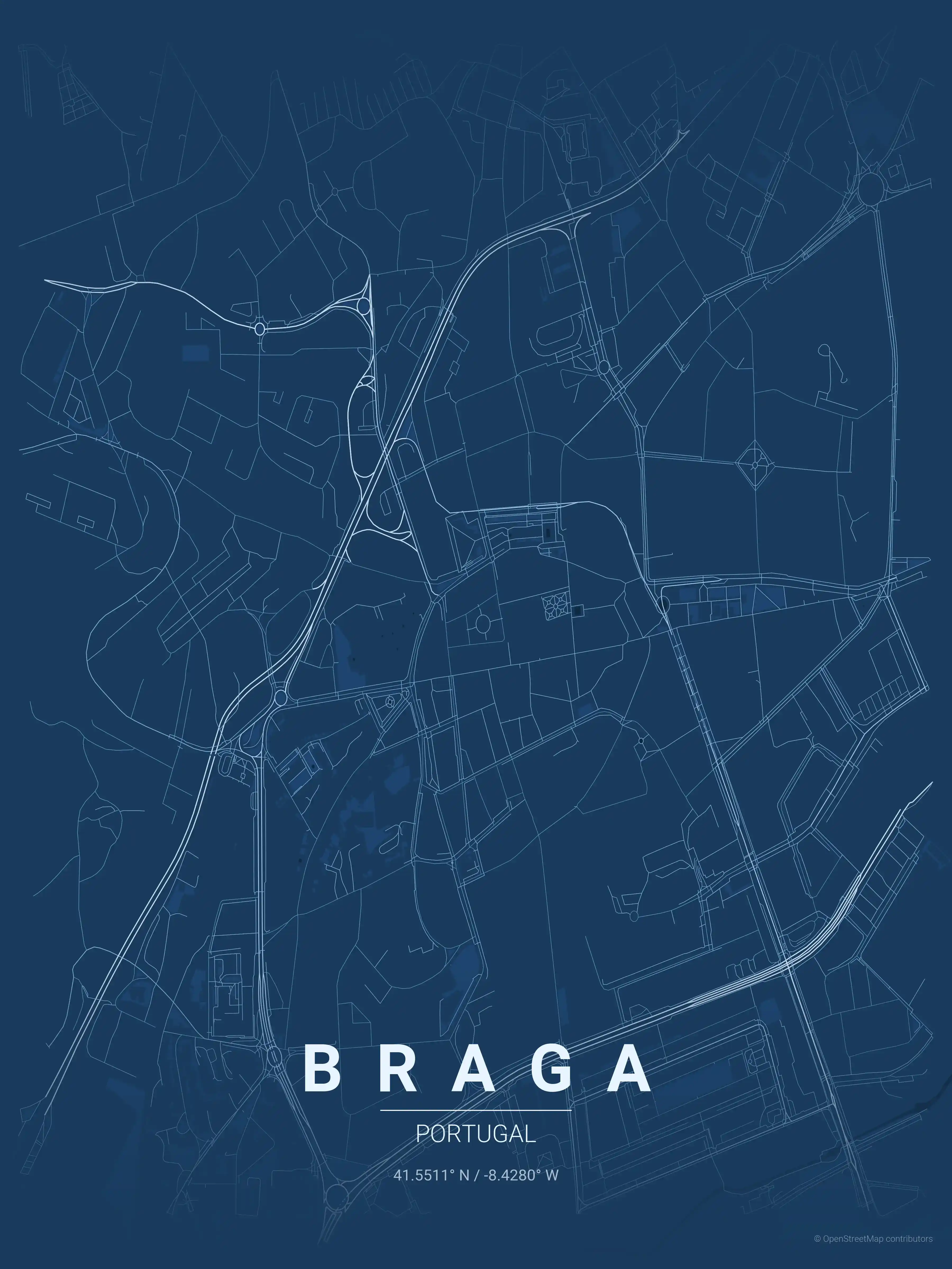 Minimalist blueprint street map of Braga, Portugal - Urban grid art