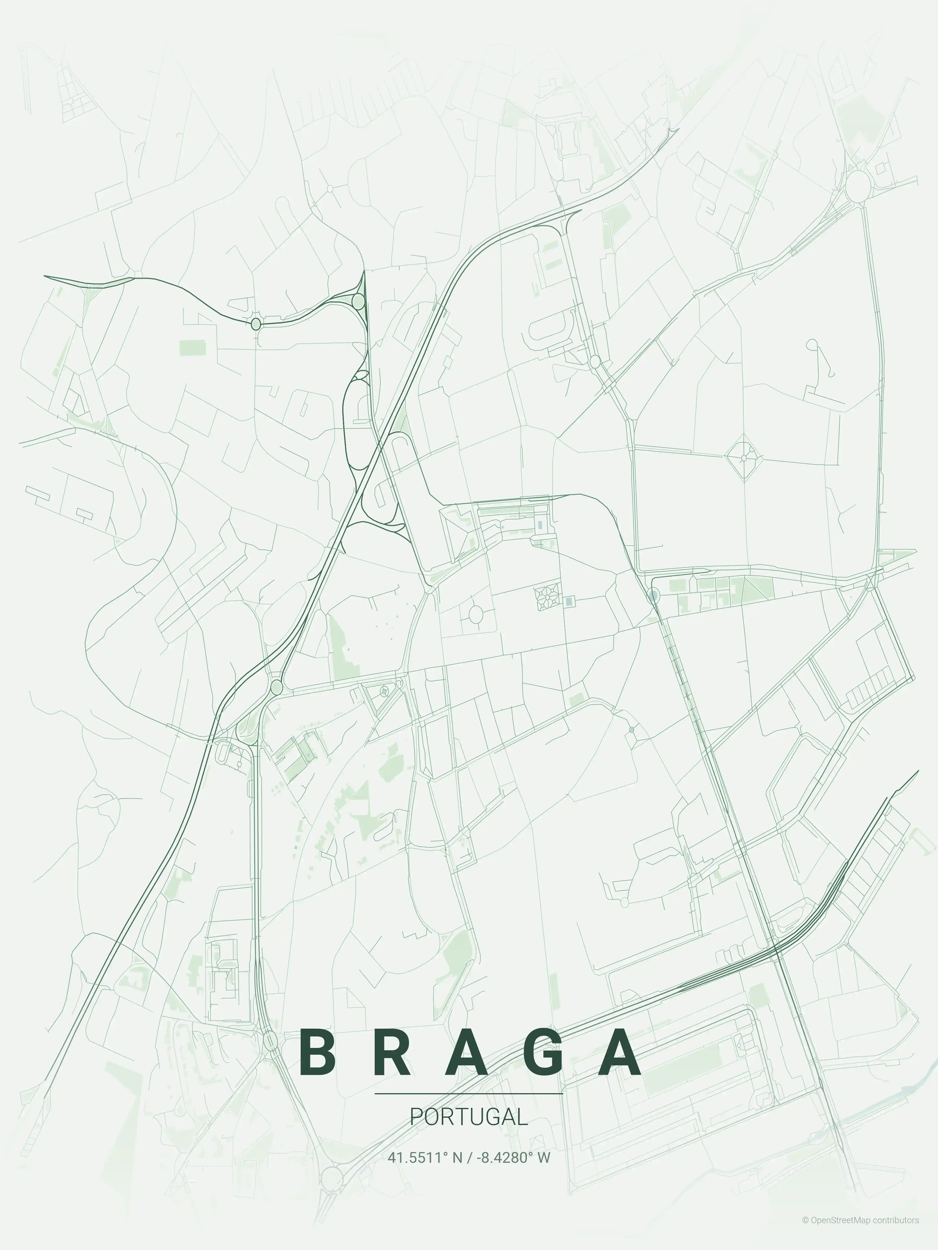 Minimalist forest street map of Braga, Portugal - Urban grid art