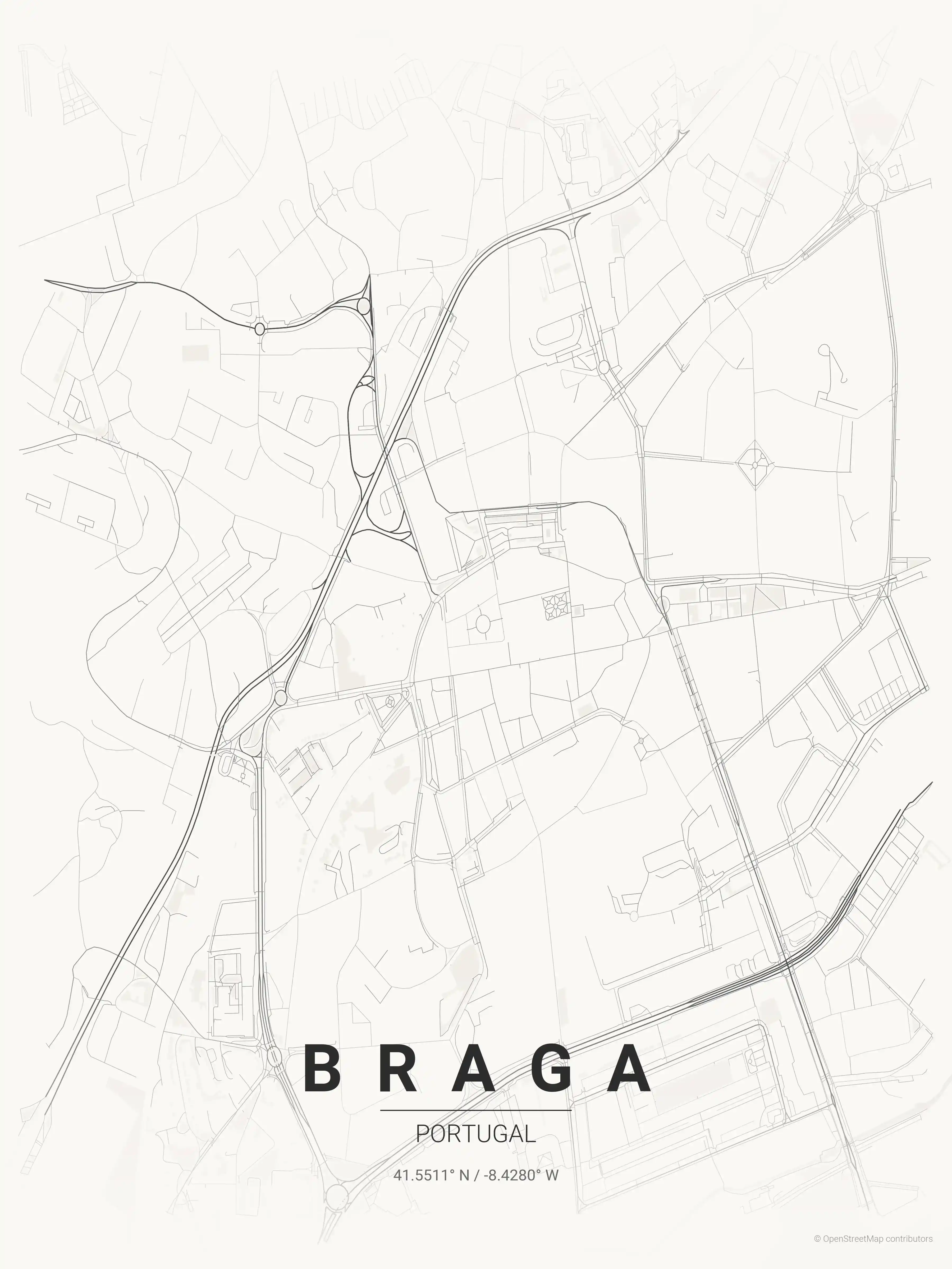 Minimalist japanese_ink street map of Braga, Portugal - Urban grid art