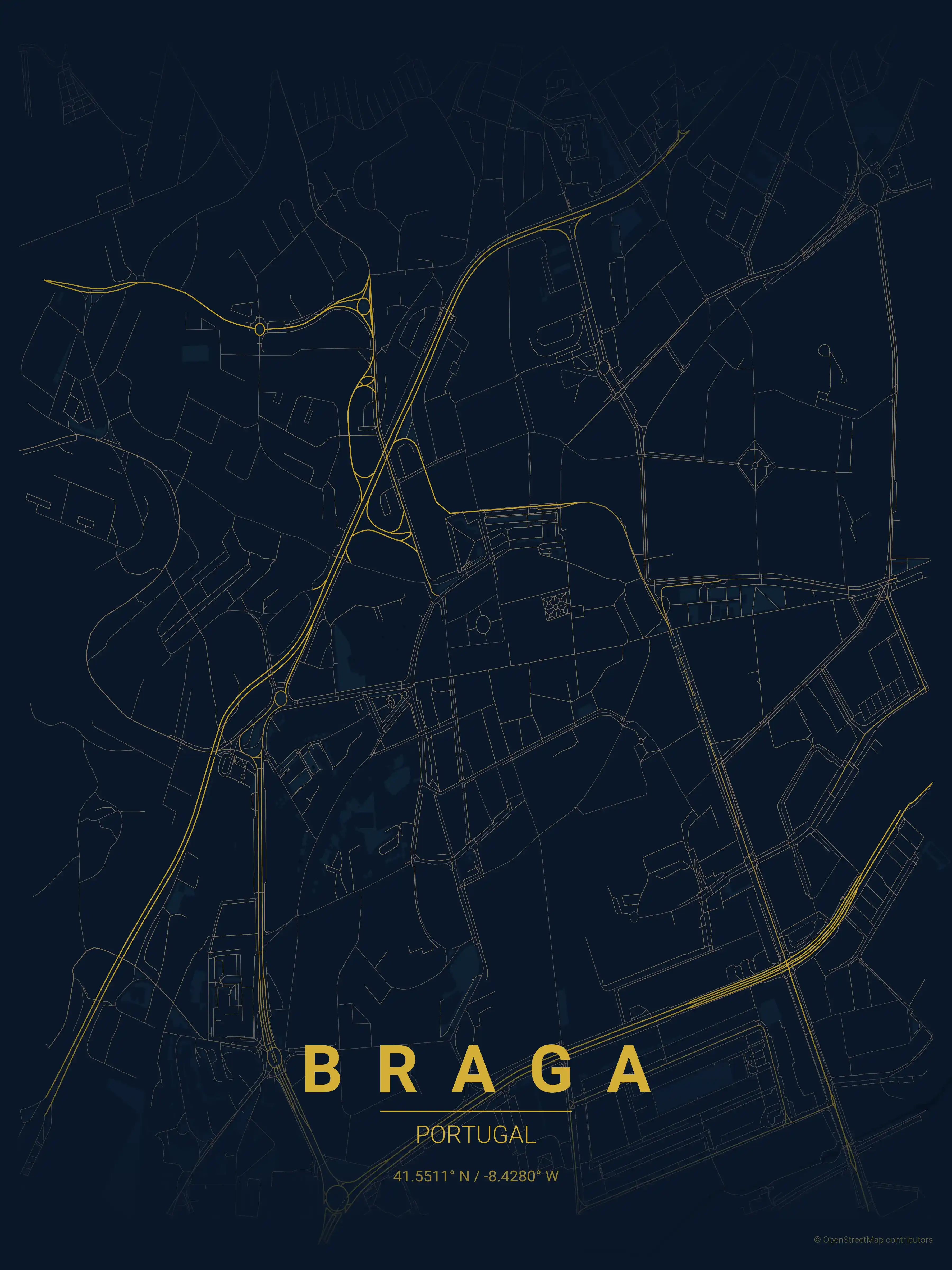 Minimalist midnight_blue street map of Braga, Portugal - Urban grid art