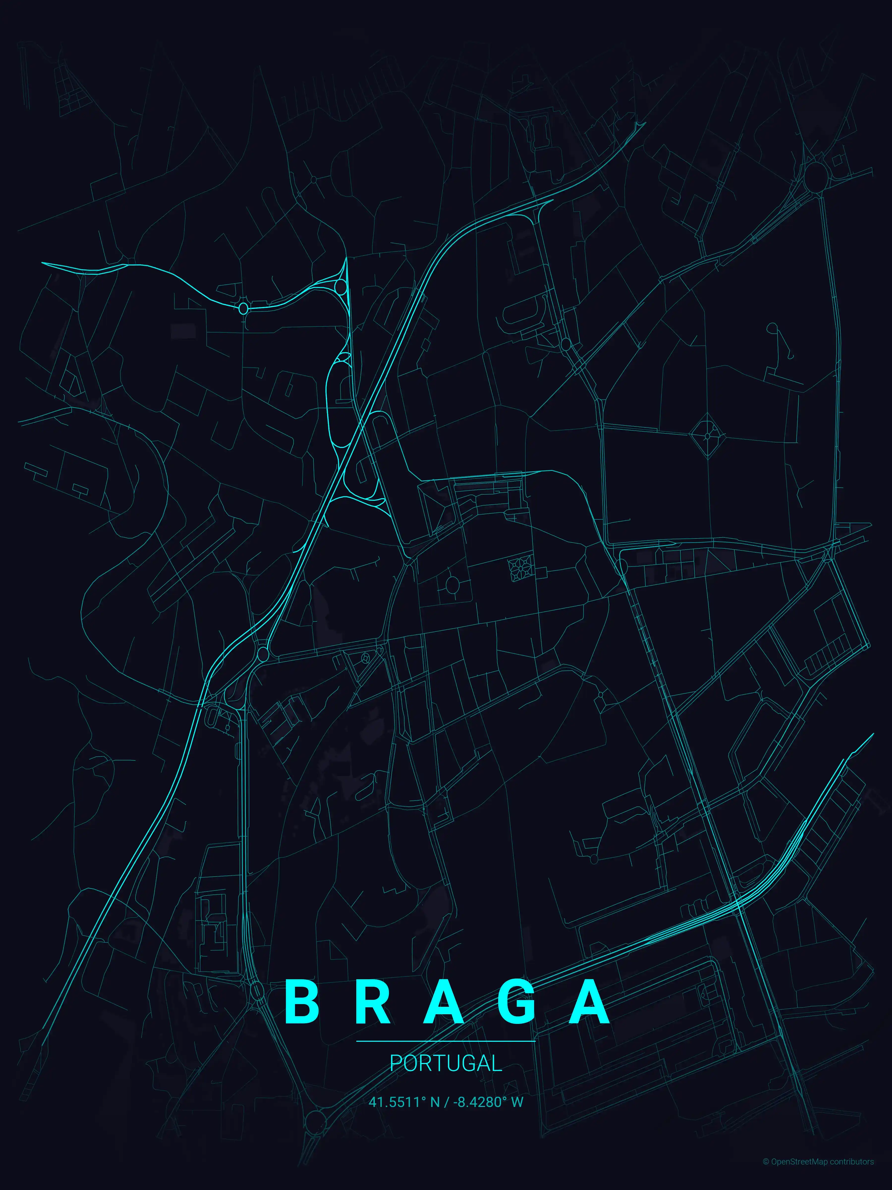 Minimalist neon_cyberpunk street map of Braga, Portugal - Urban grid art