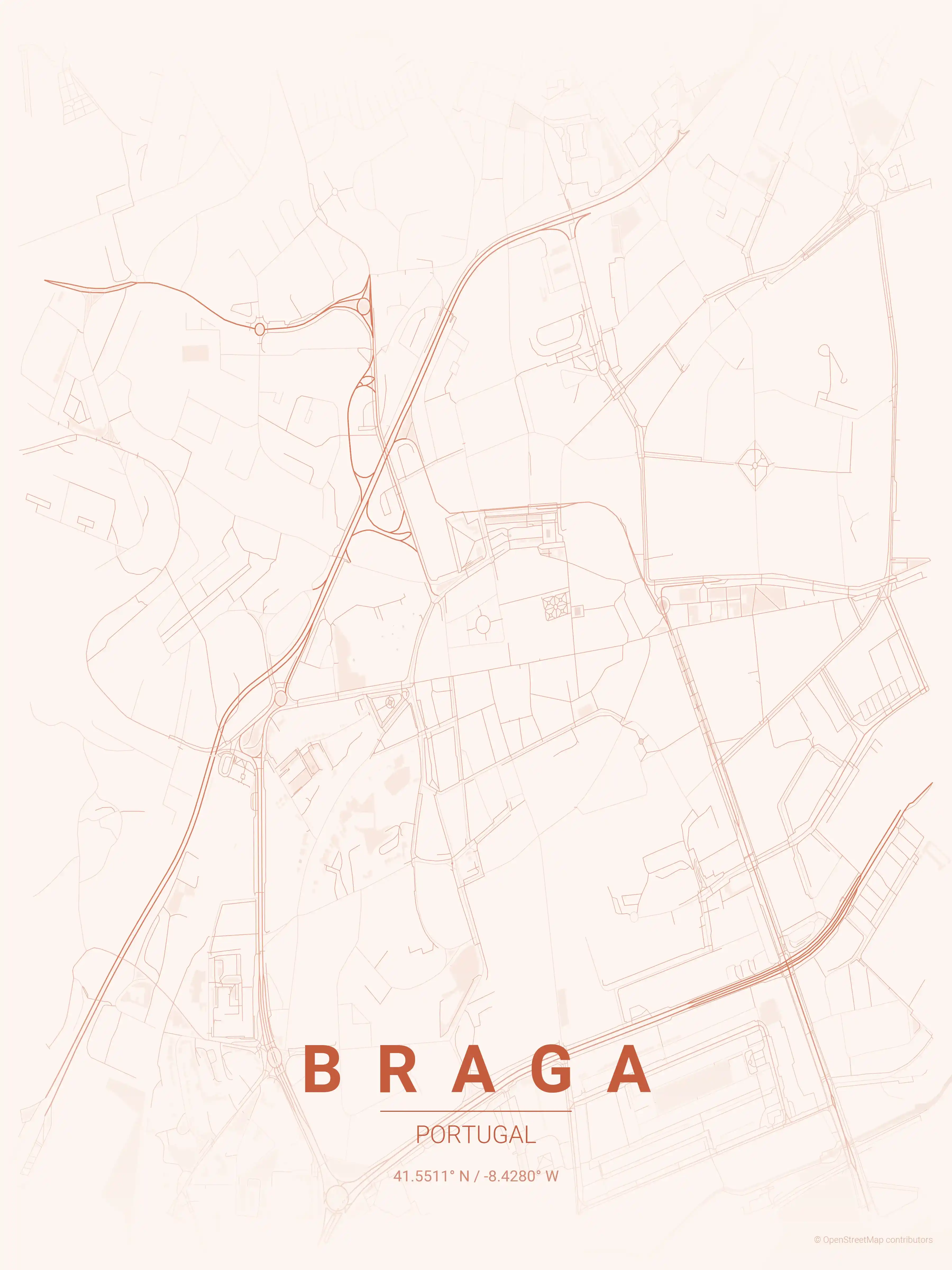 Minimalist sunset street map of Braga, Portugal - Urban grid art