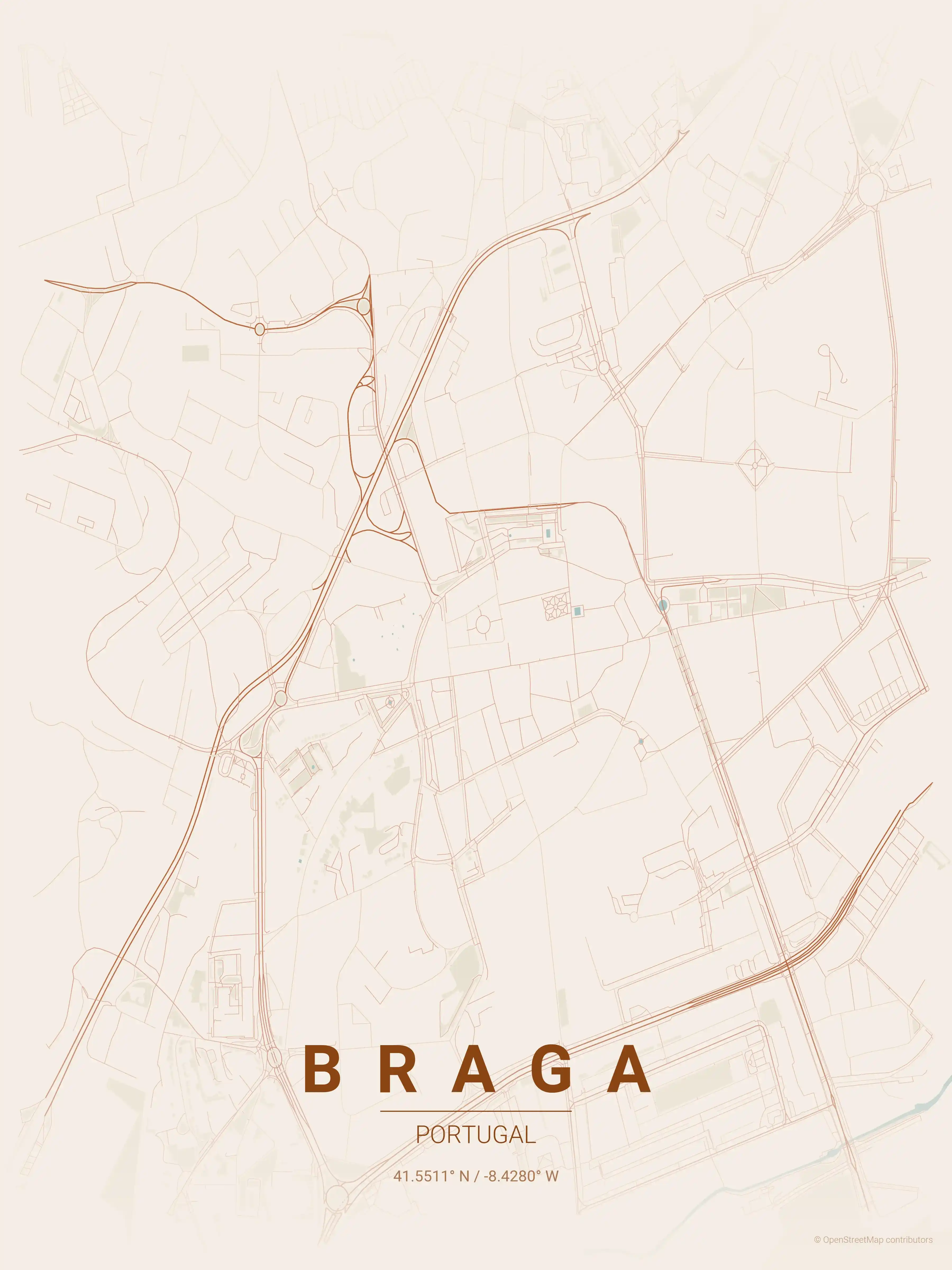 Minimalist terracotta street map of Braga, Portugal - Urban grid art