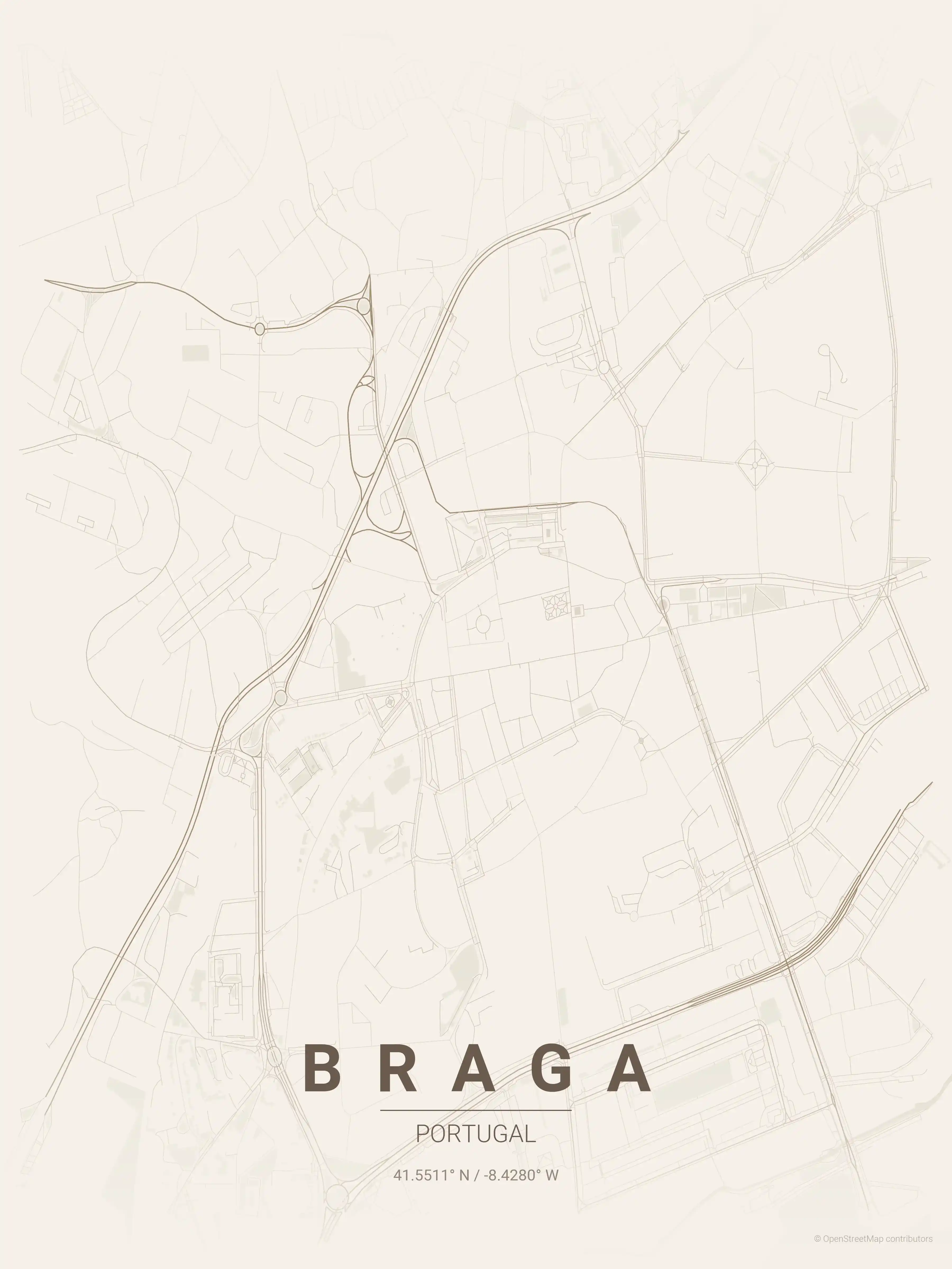 Minimalist warm_beige street map of Braga, Portugal - Urban grid art