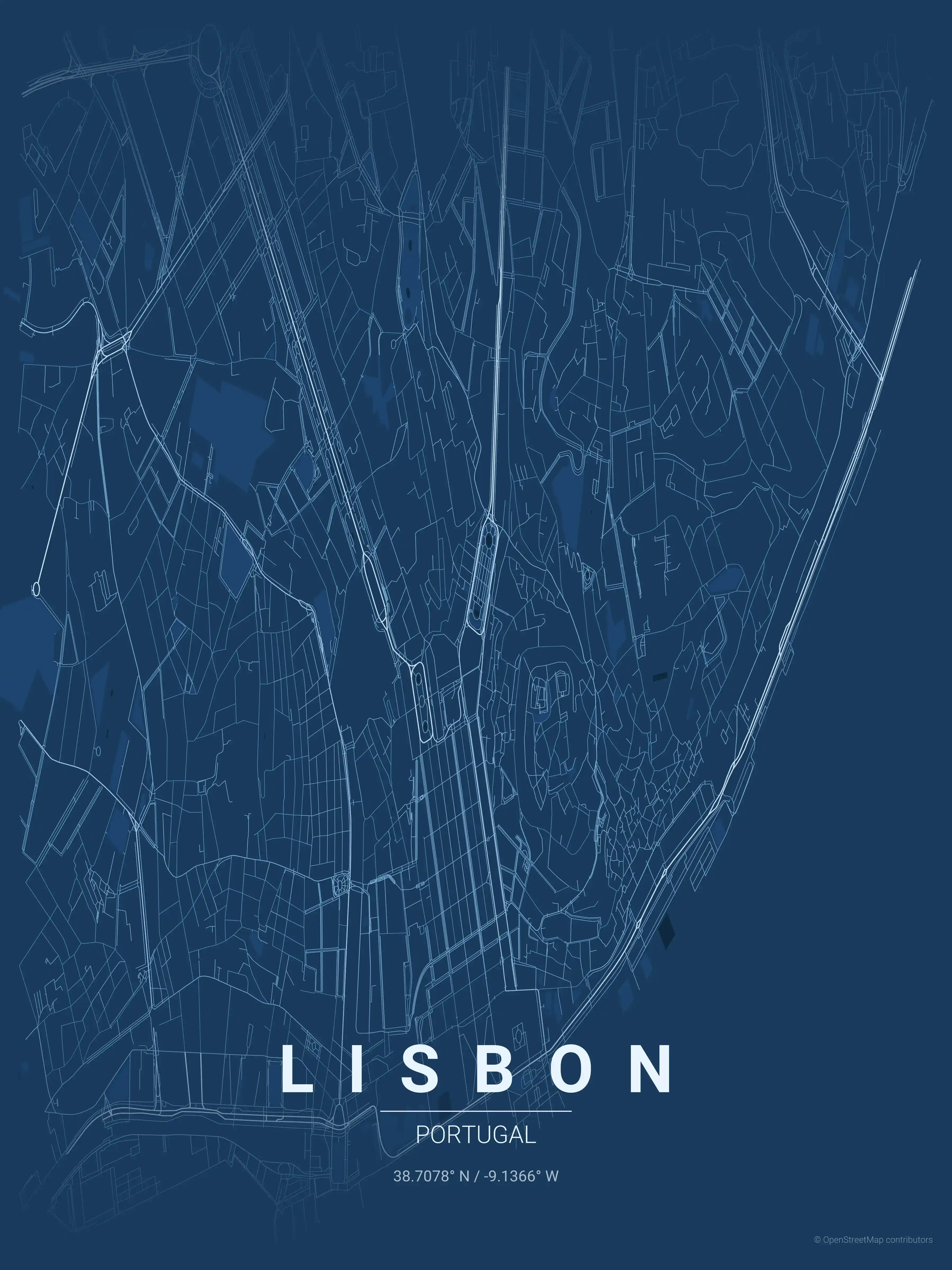 Minimalist blueprint street map of Lisbon, Portugal - Urban grid art