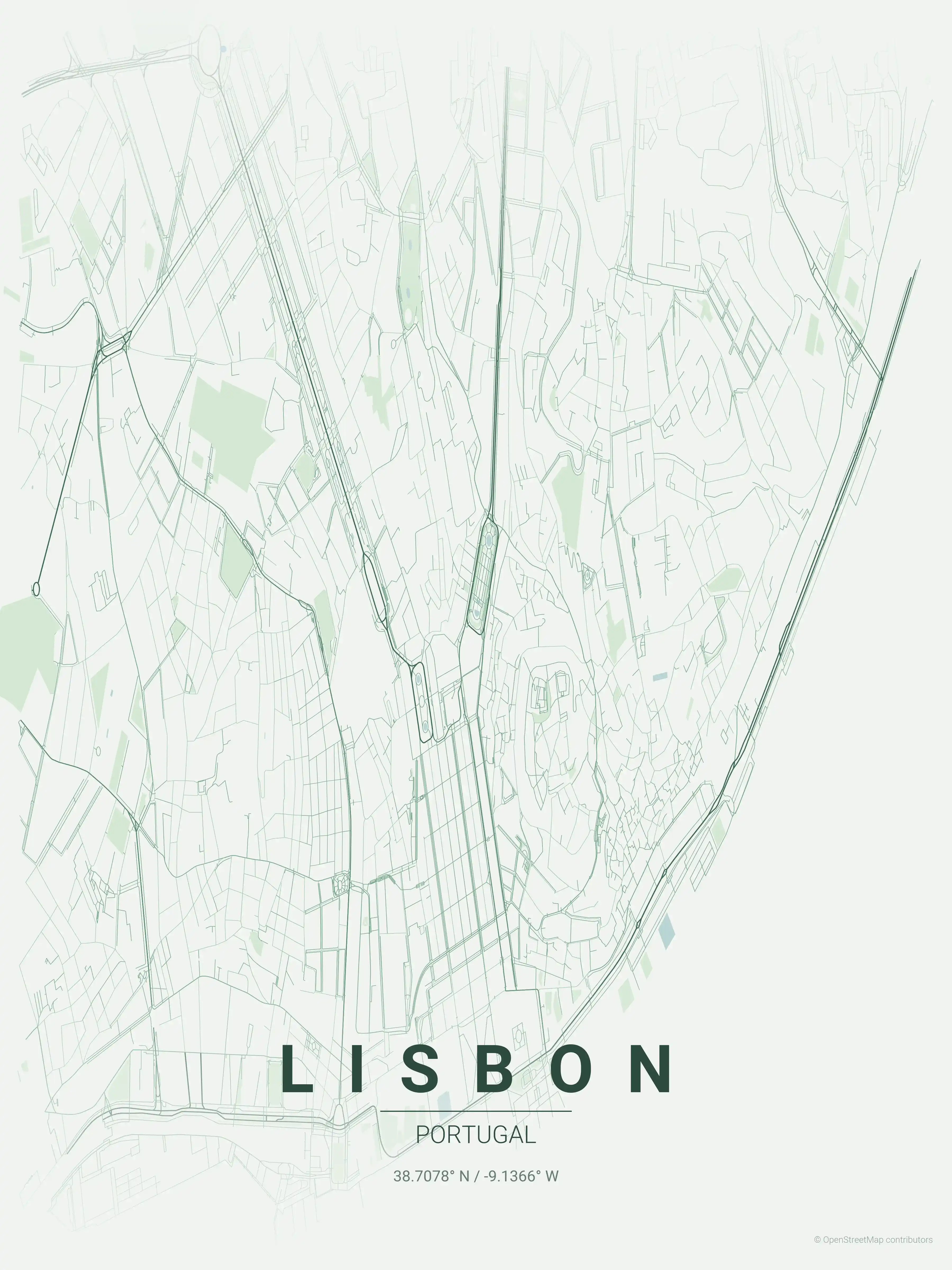 Minimalist forest street map of Lisbon, Portugal - Urban grid art