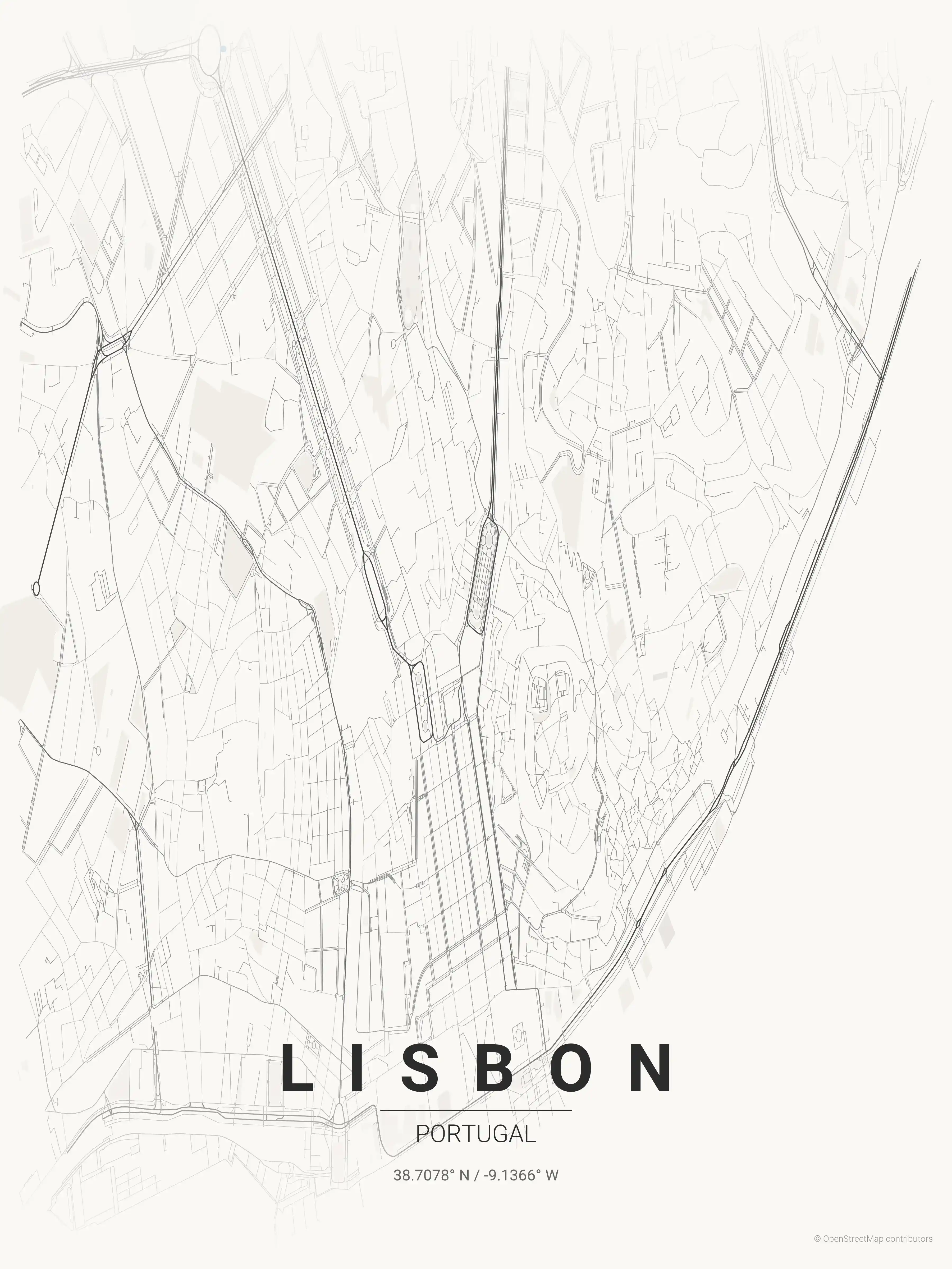 Minimalist japanese_ink street map of Lisbon, Portugal - Urban grid art