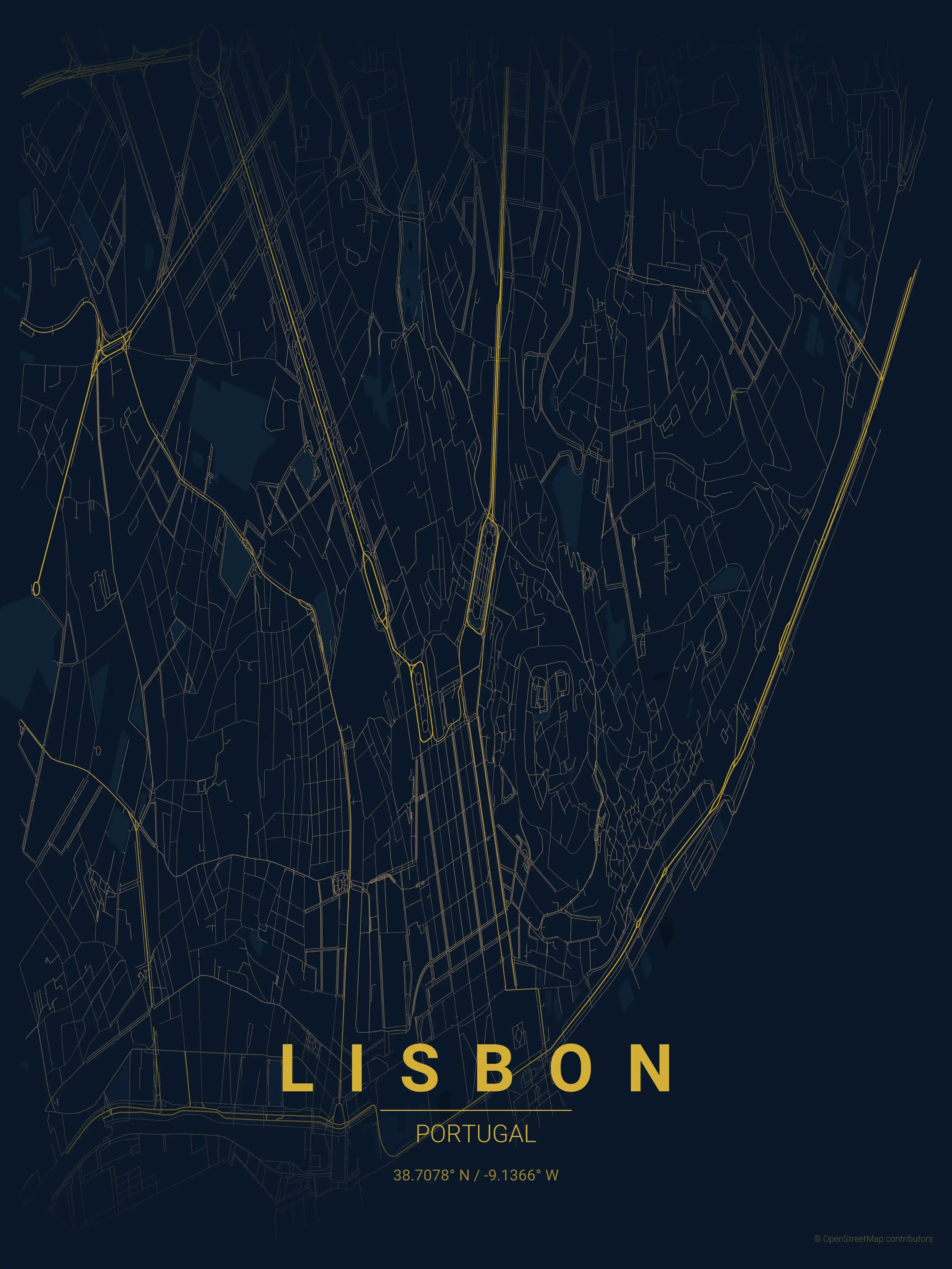 Minimalist midnight_blue street map of Lisbon, Portugal - Urban grid art