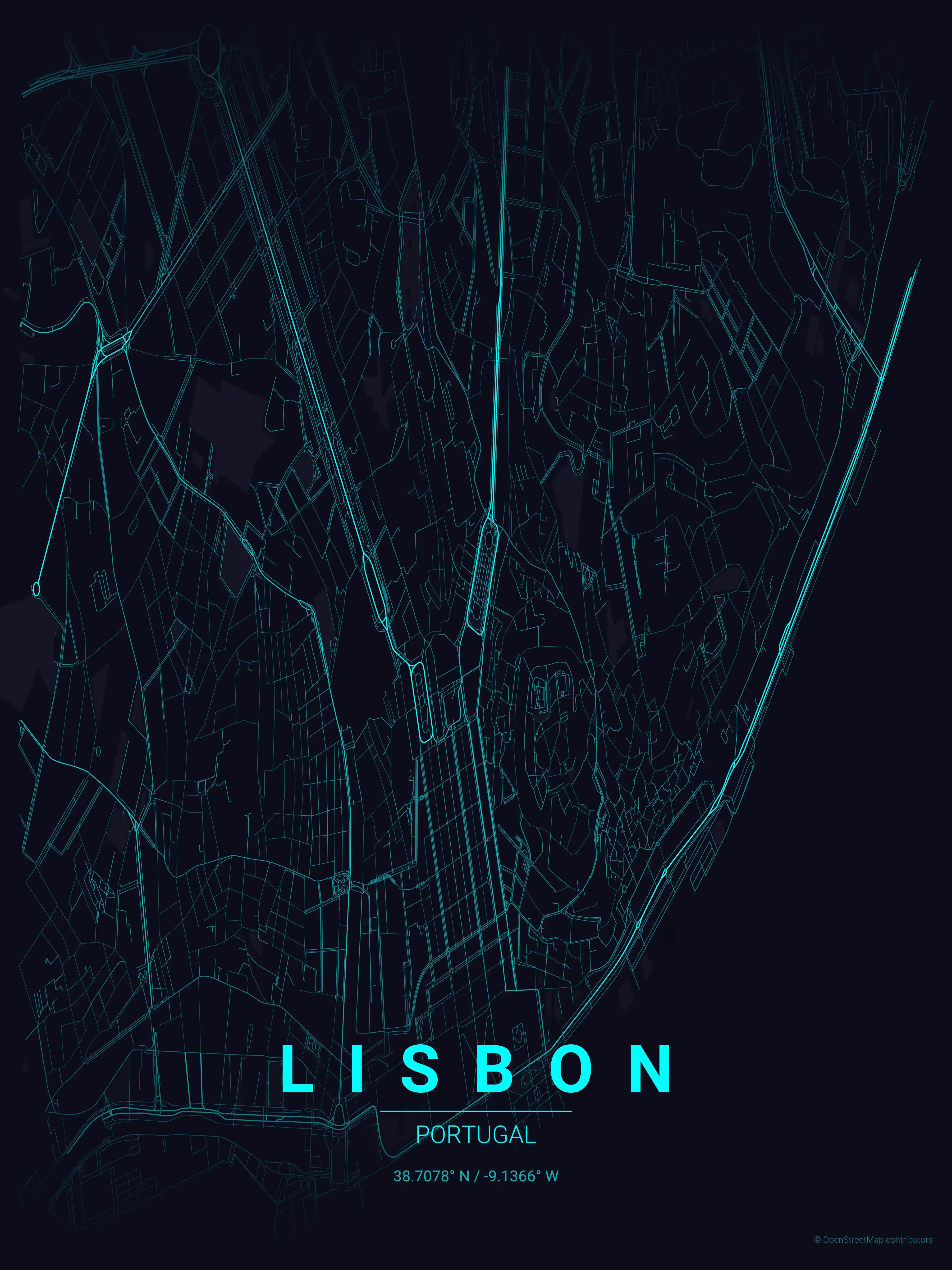Minimalist neon_cyberpunk street map of Lisbon, Portugal - Urban grid art