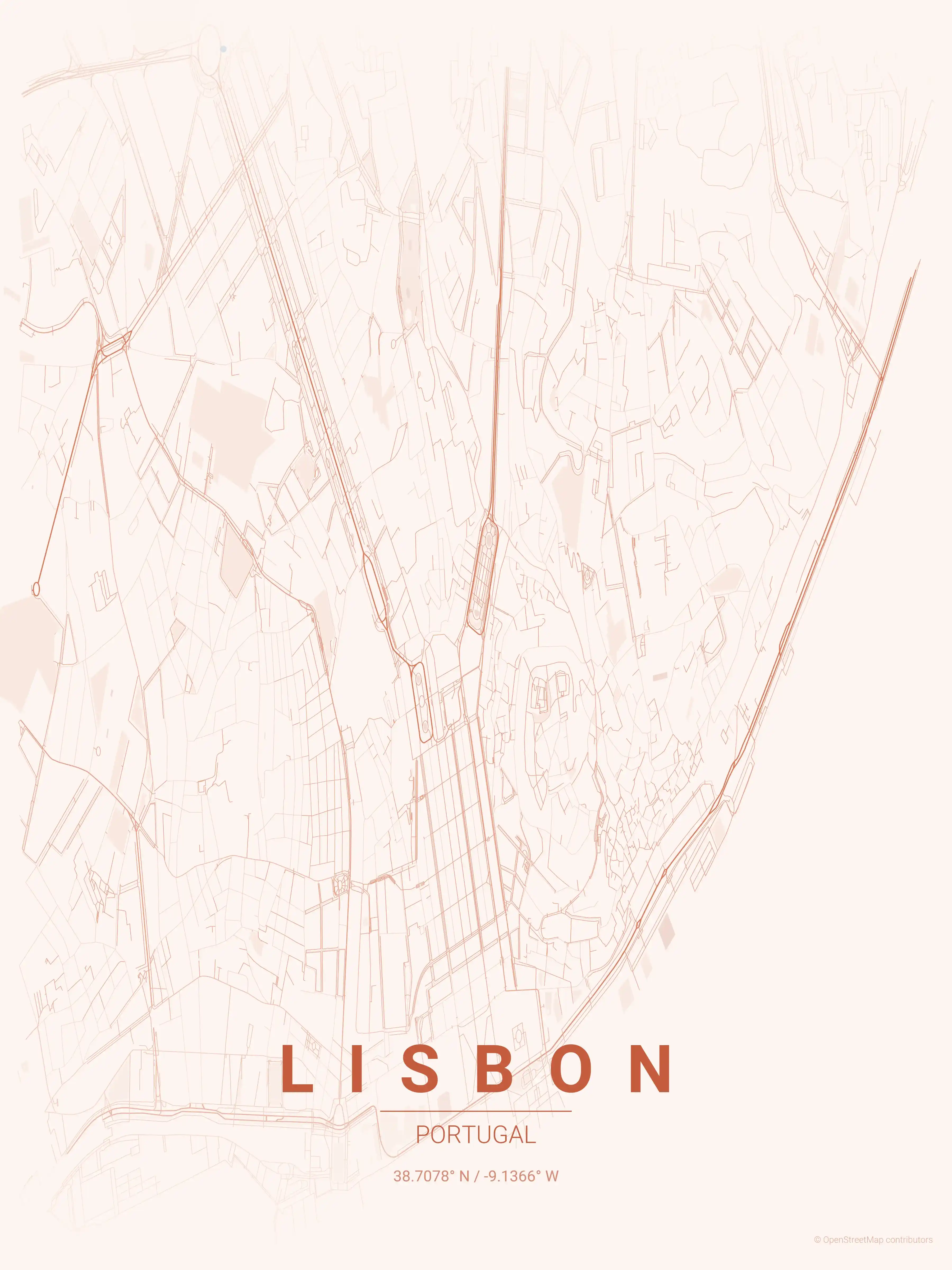 Minimalist sunset street map of Lisbon, Portugal - Urban grid art