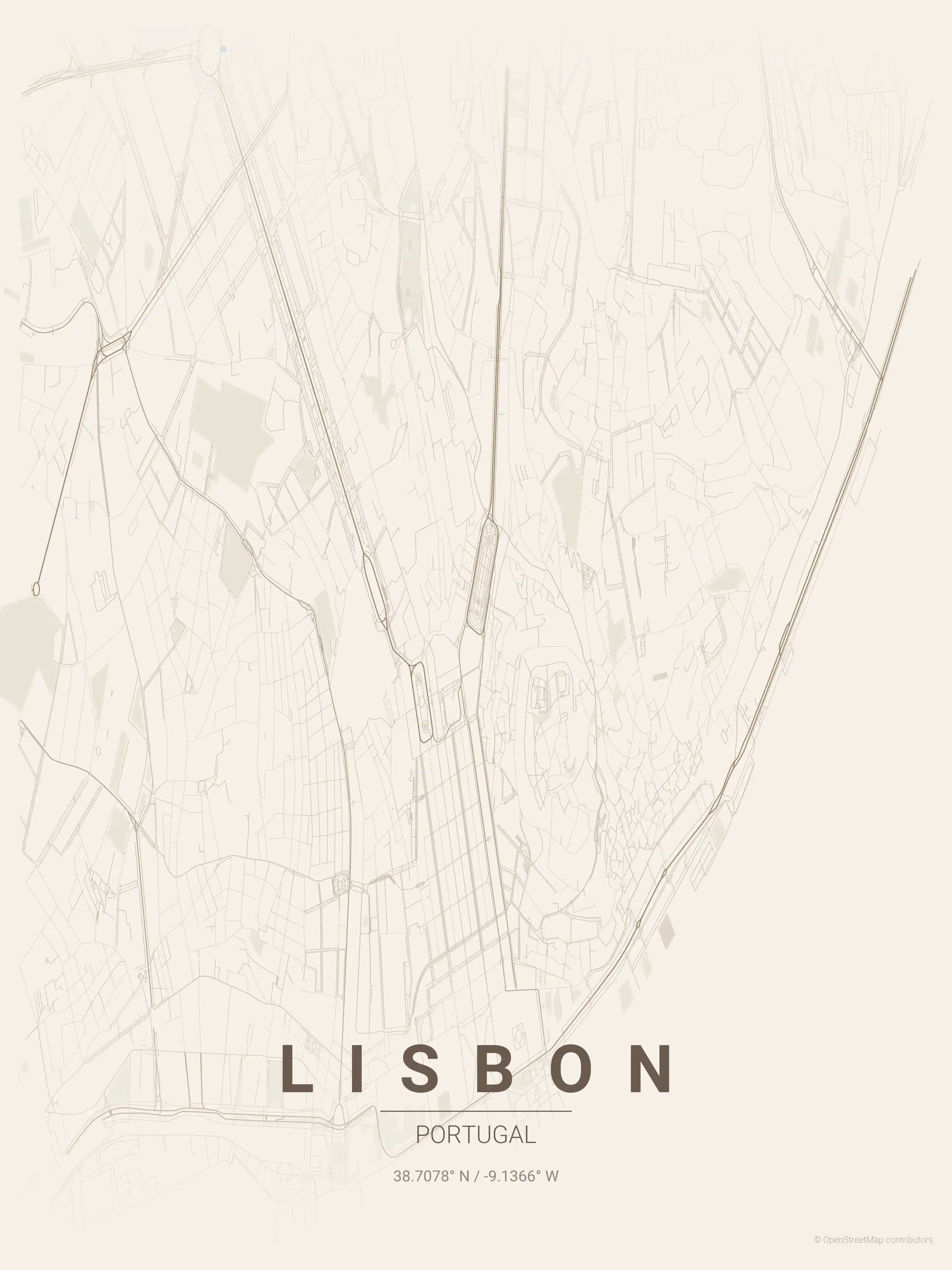 Minimalist warm_beige street map of Lisbon, Portugal - Urban grid art