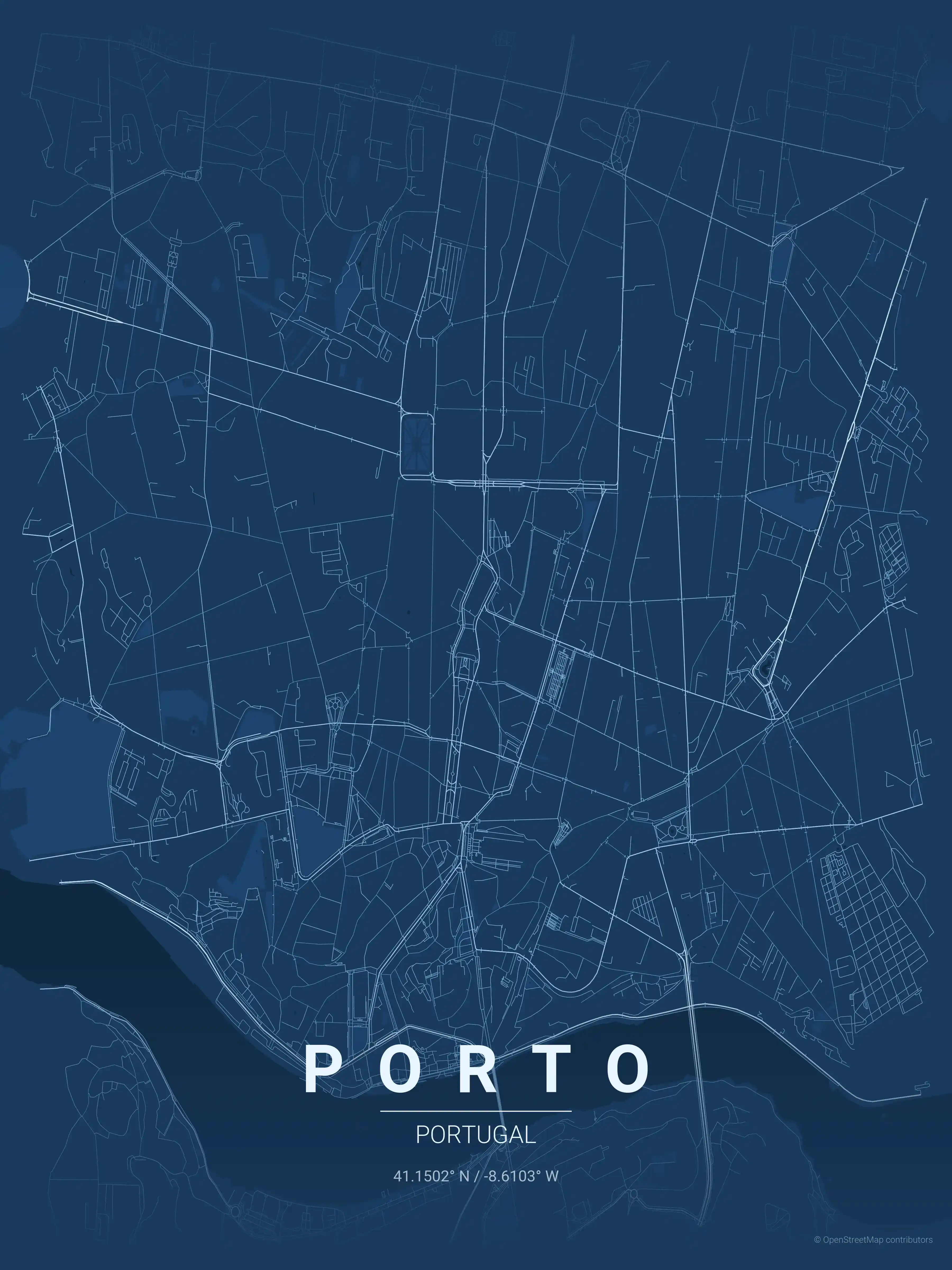 Minimalist blueprint street map of Porto, Portugal - Urban grid art