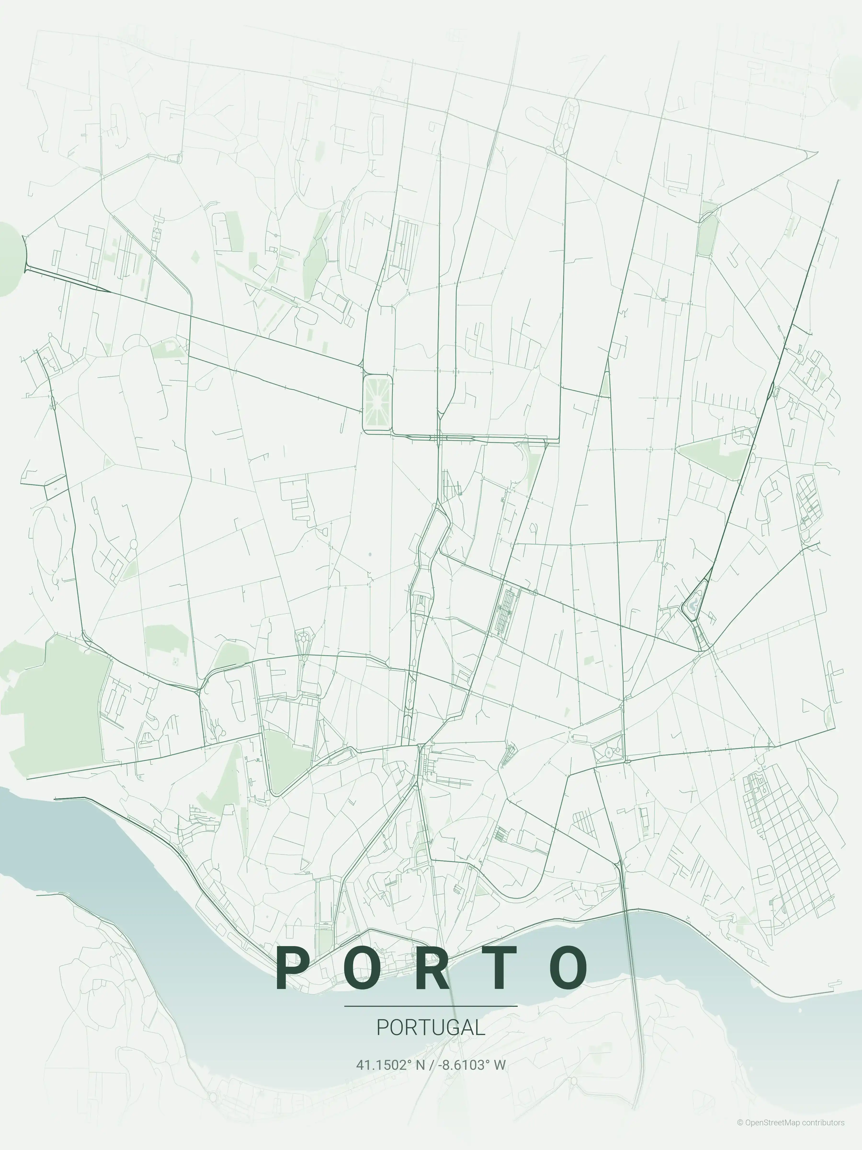 Minimalist forest street map of Porto, Portugal - Urban grid art