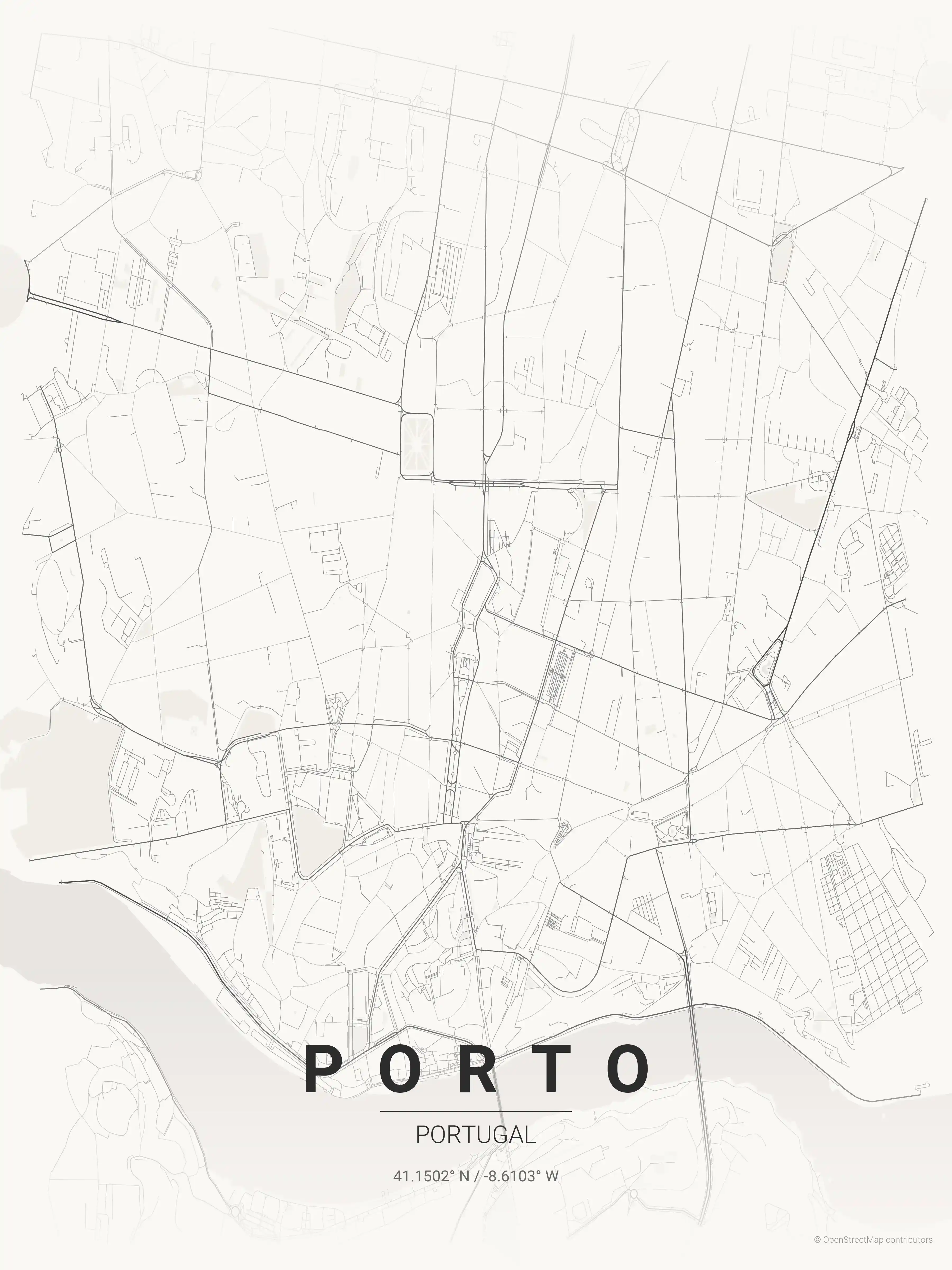 Minimalist japanese_ink street map of Porto, Portugal - Urban grid art