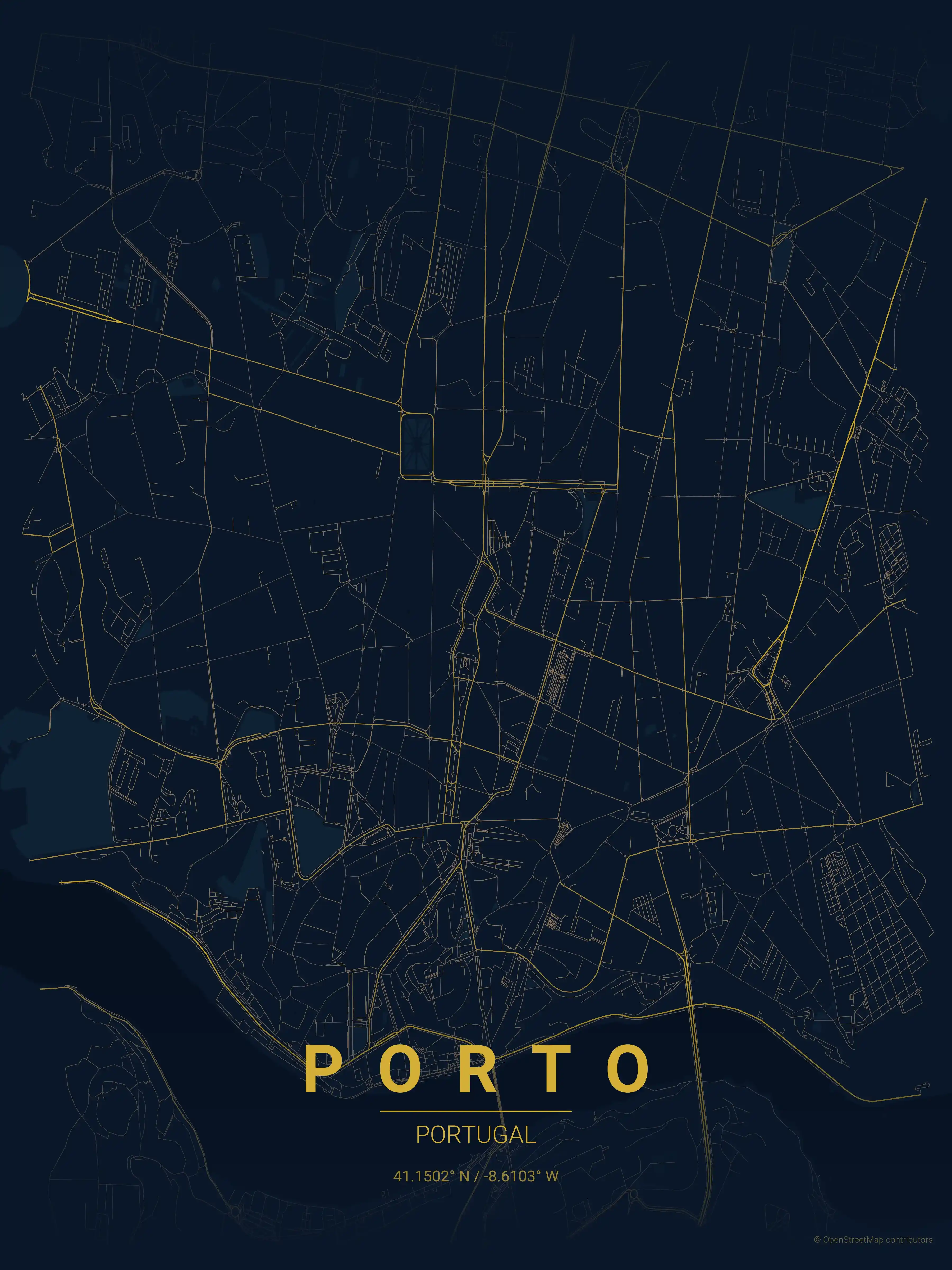 Minimalist midnight_blue street map of Porto, Portugal - Urban grid art