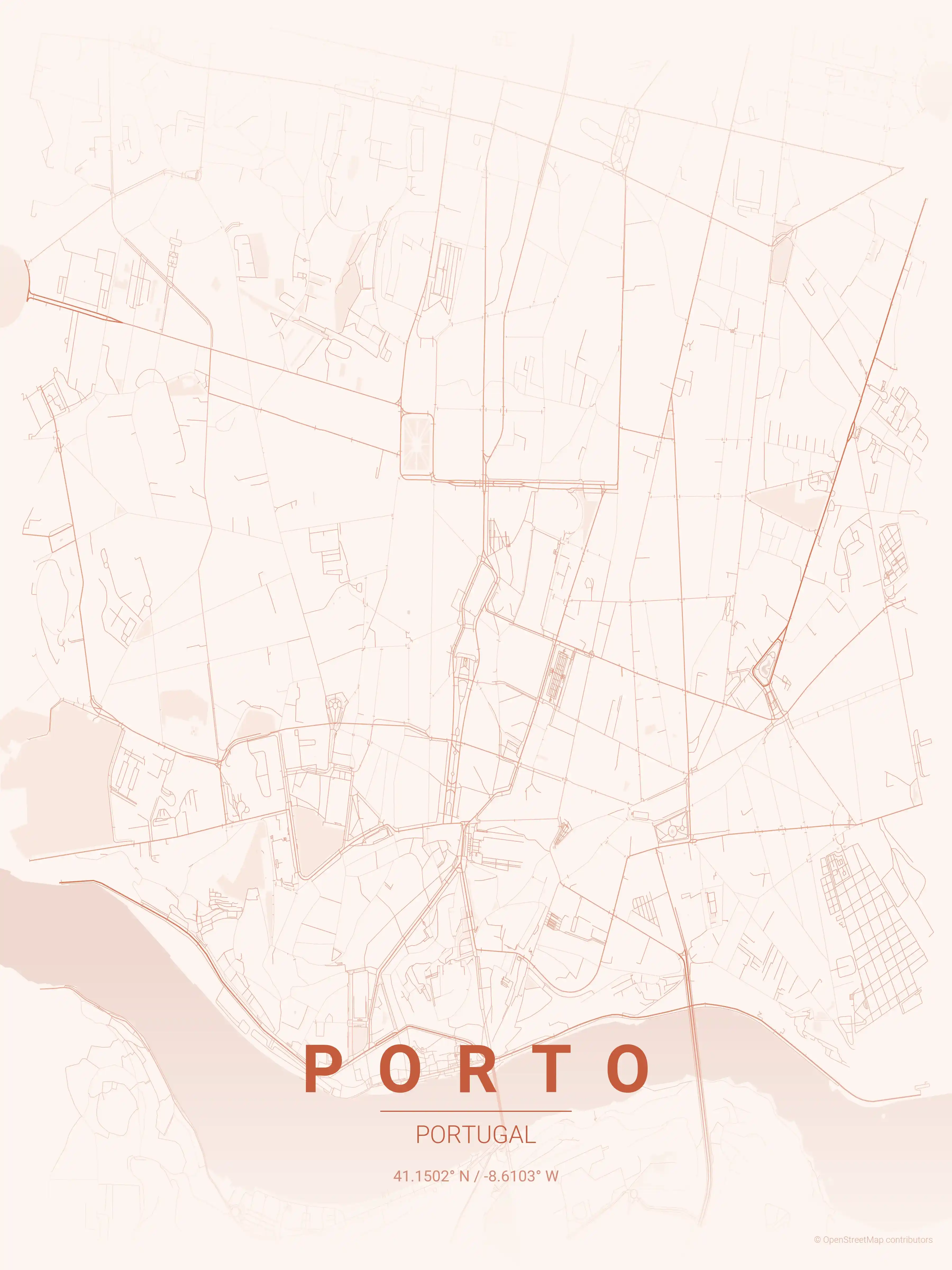 Minimalist sunset street map of Porto, Portugal - Urban grid art