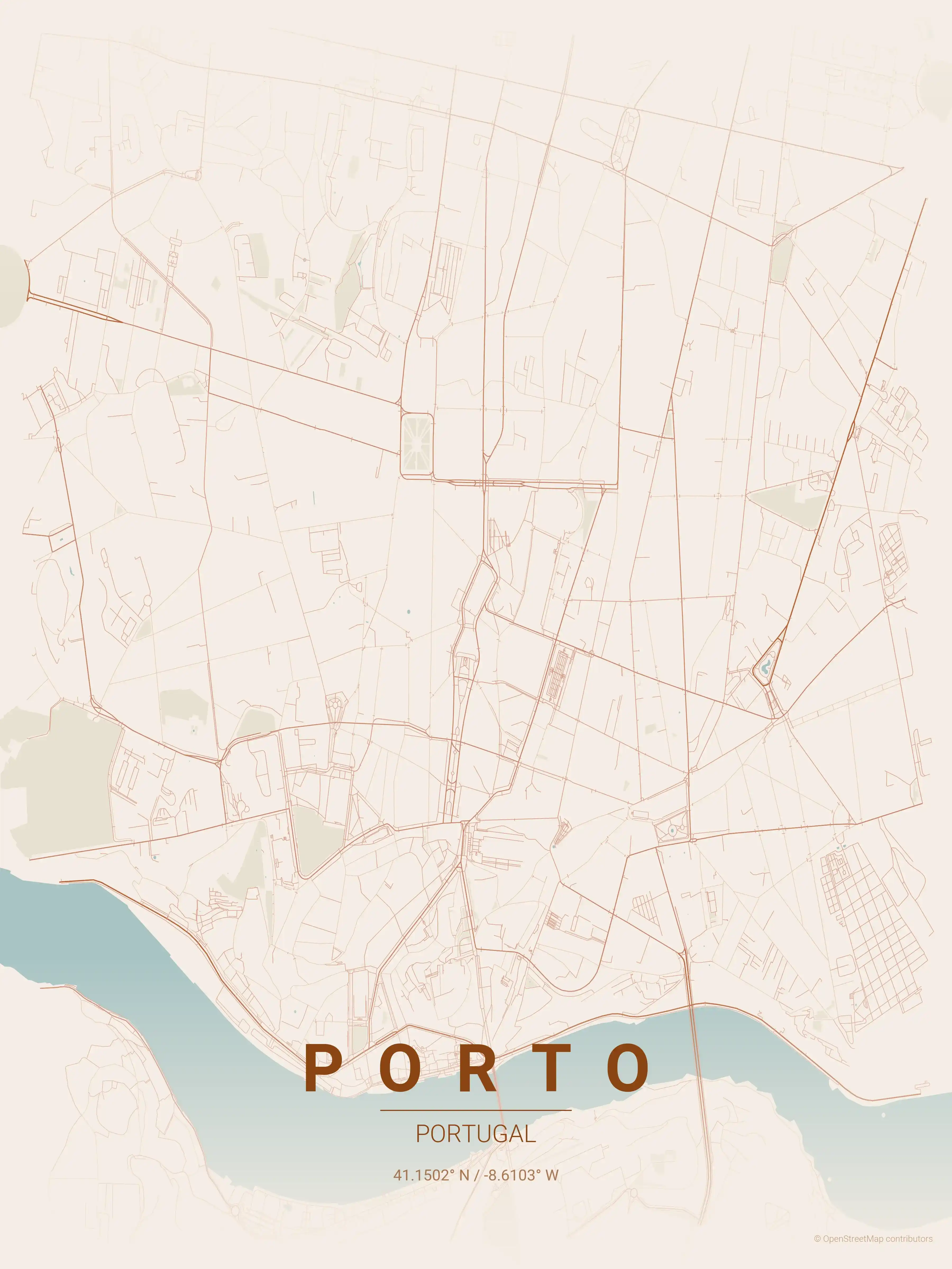 Minimalist terracotta street map of Porto, Portugal - Urban grid art