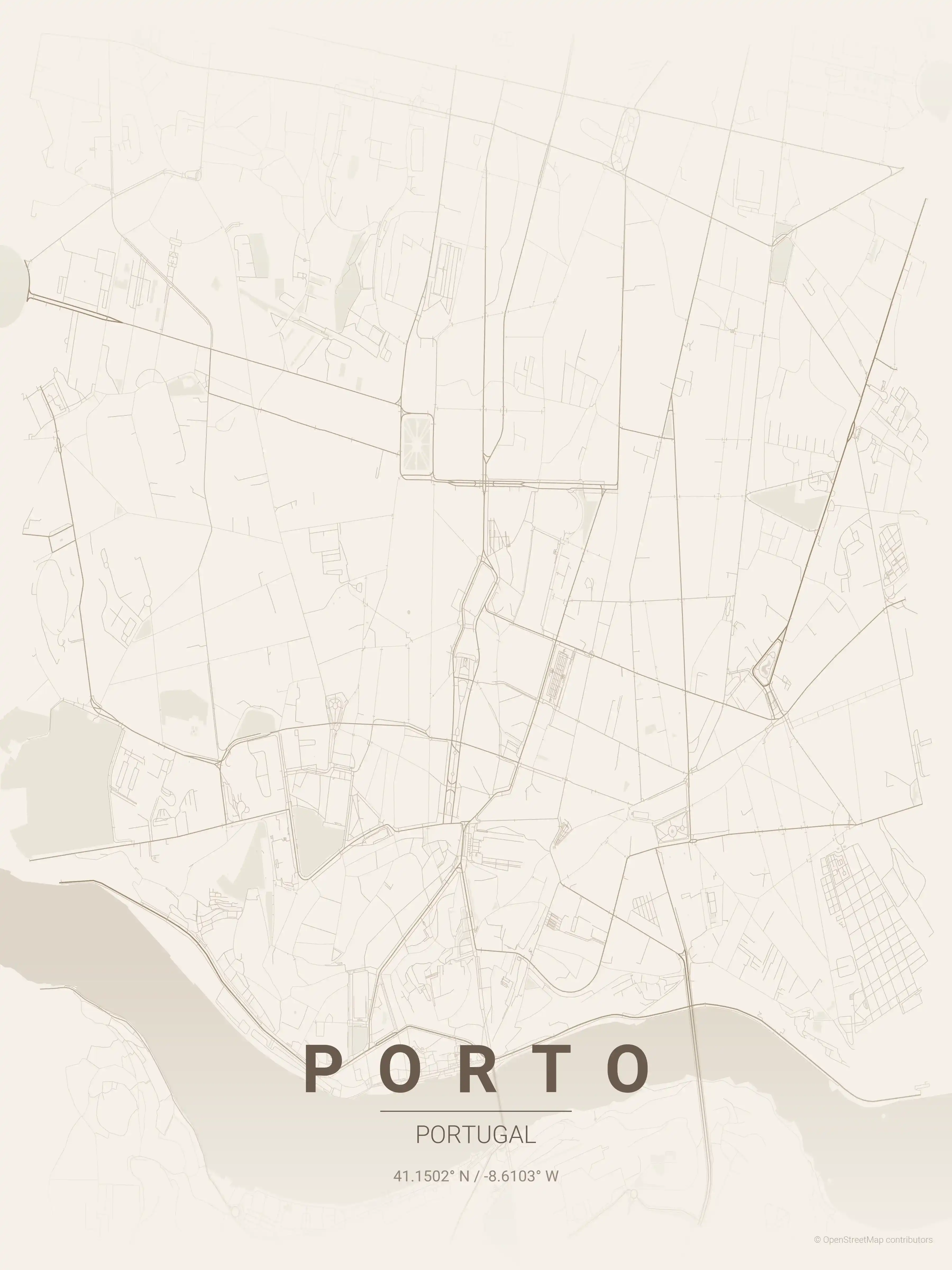 Minimalist warm_beige street map of Porto, Portugal - Urban grid art