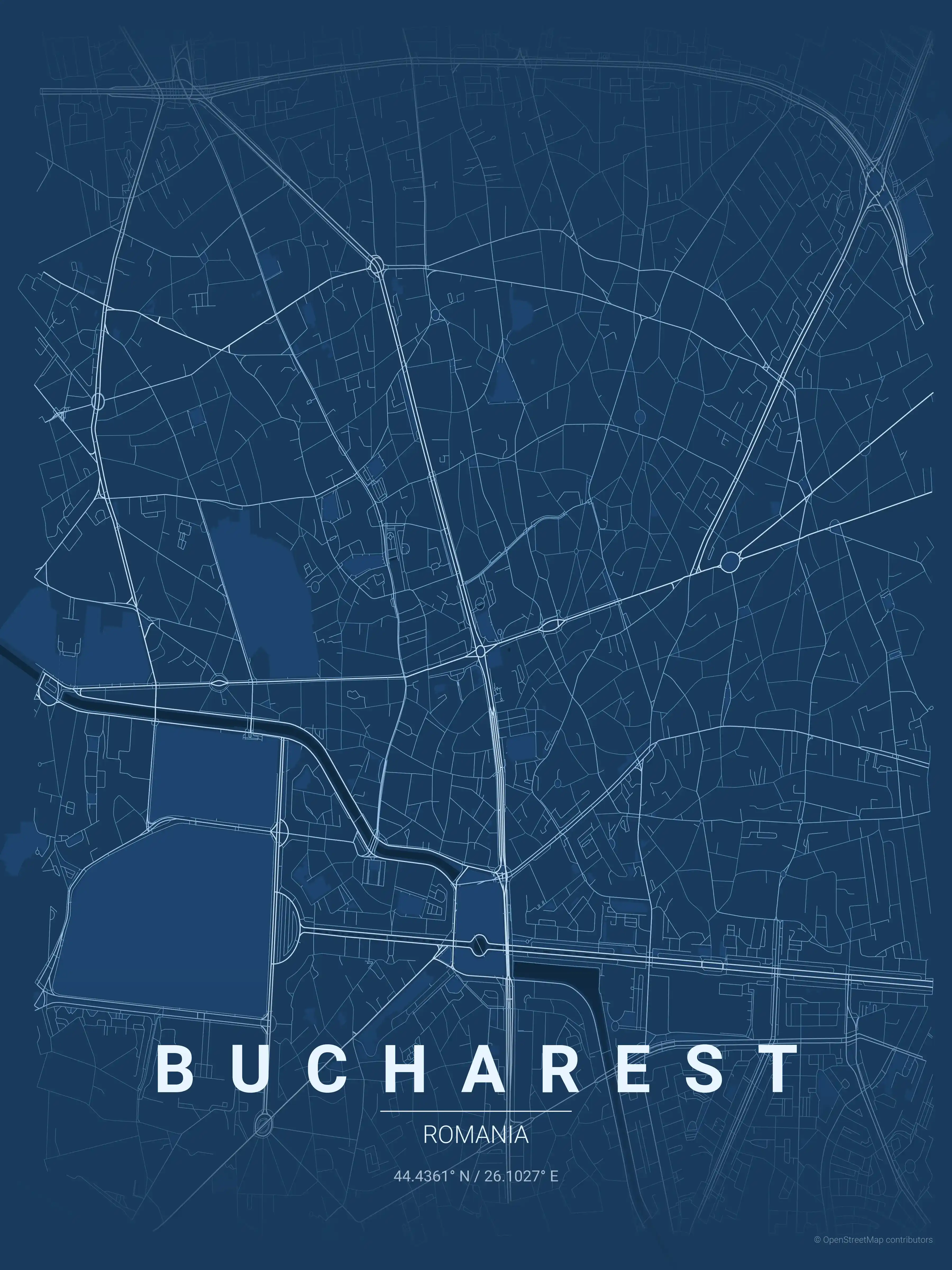 Minimalist blueprint street map of Bucharest, Romania - Urban grid art