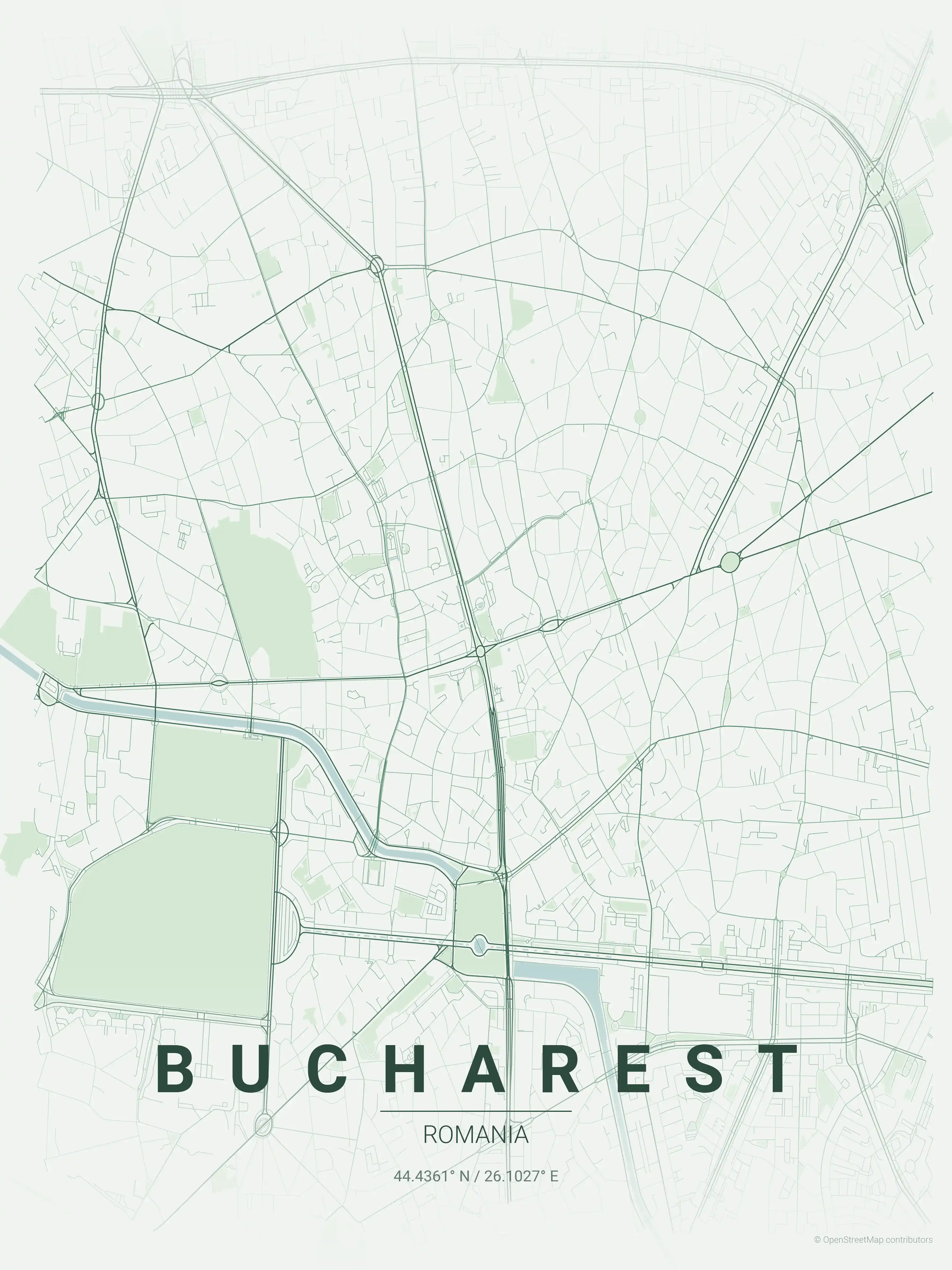 Minimalist forest street map of Bucharest, Romania - Urban grid art