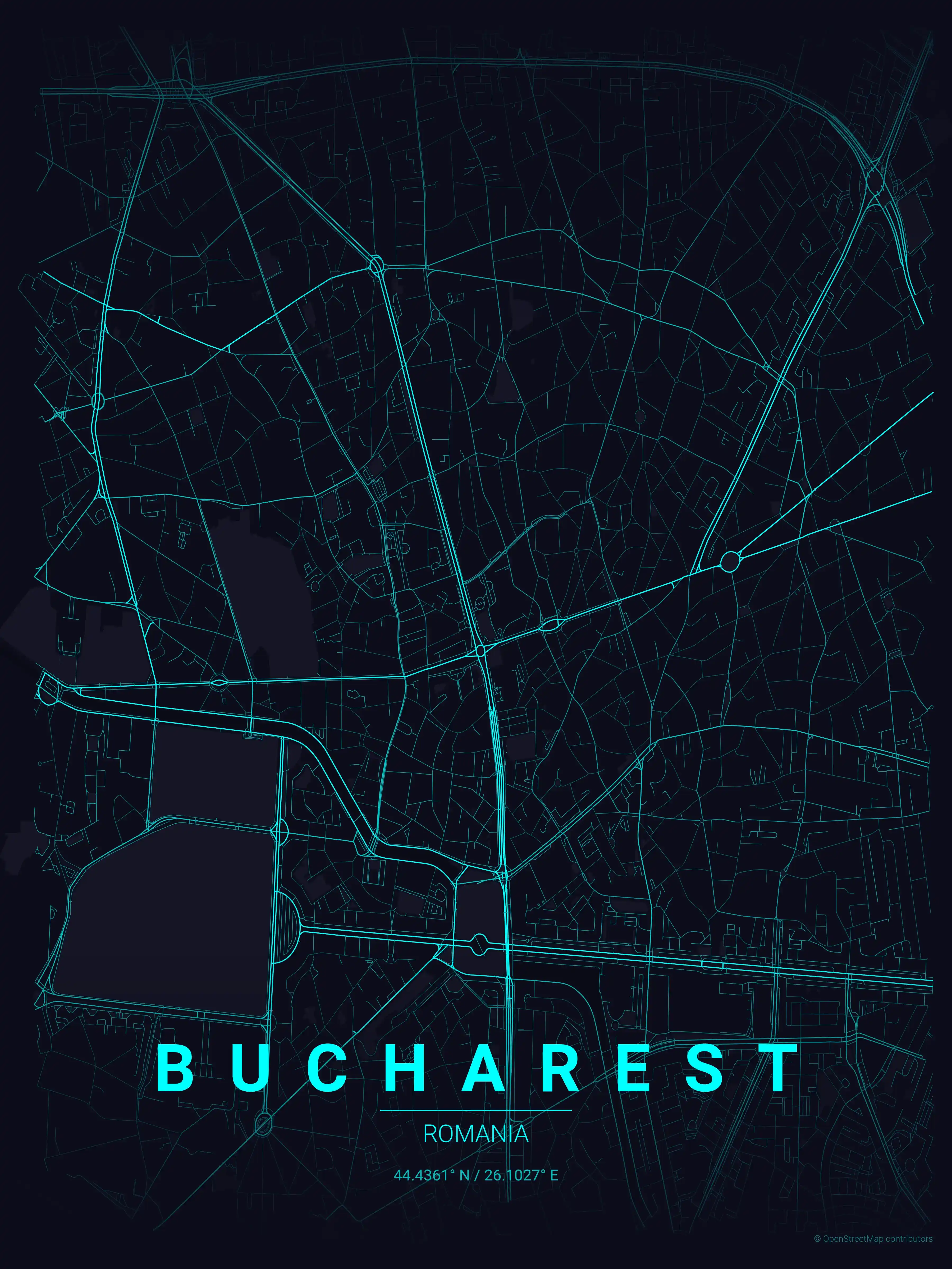 Minimalist neon_cyberpunk street map of Bucharest, Romania - Urban grid art