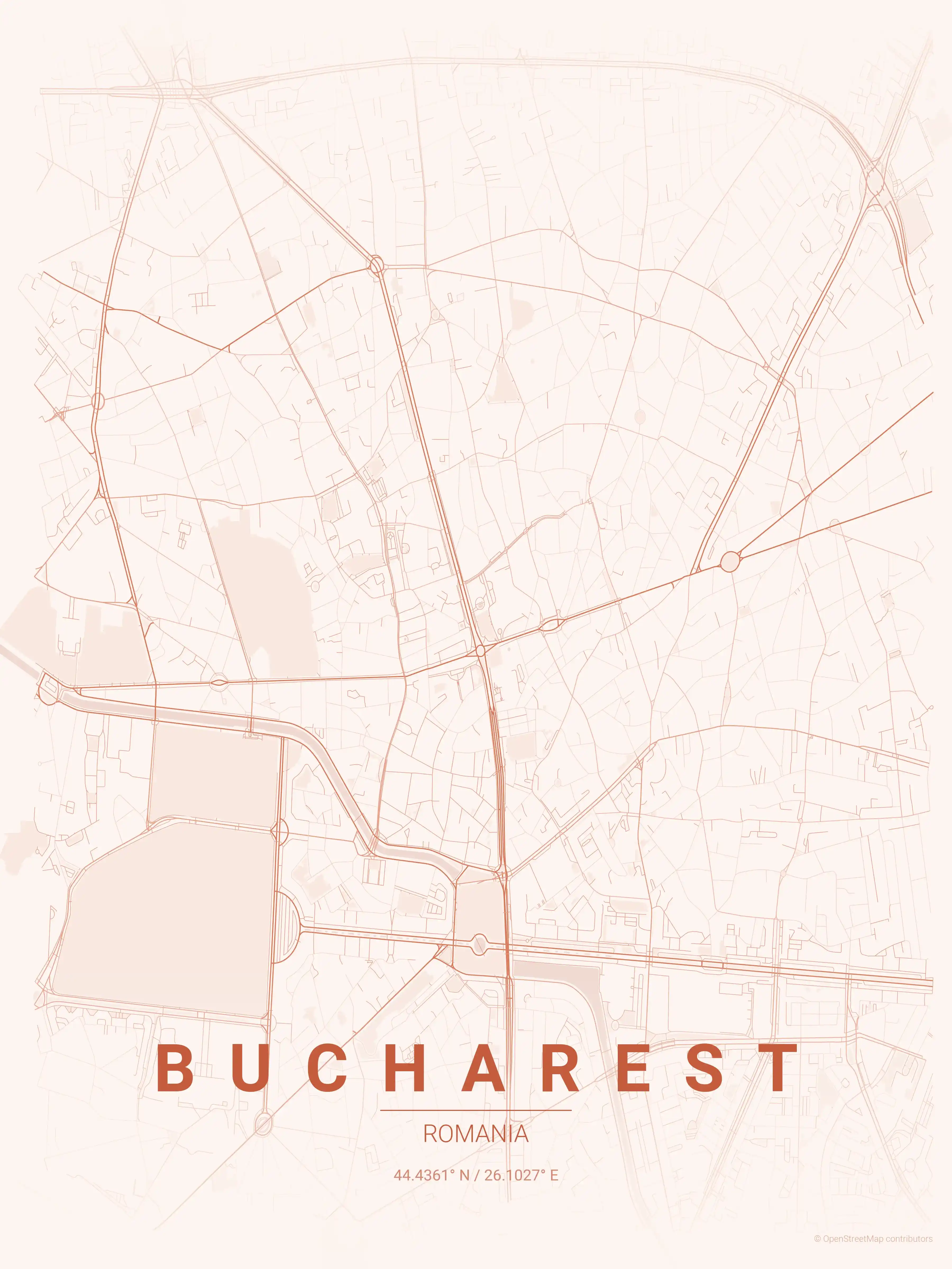 Minimalist sunset street map of Bucharest, Romania - Urban grid art