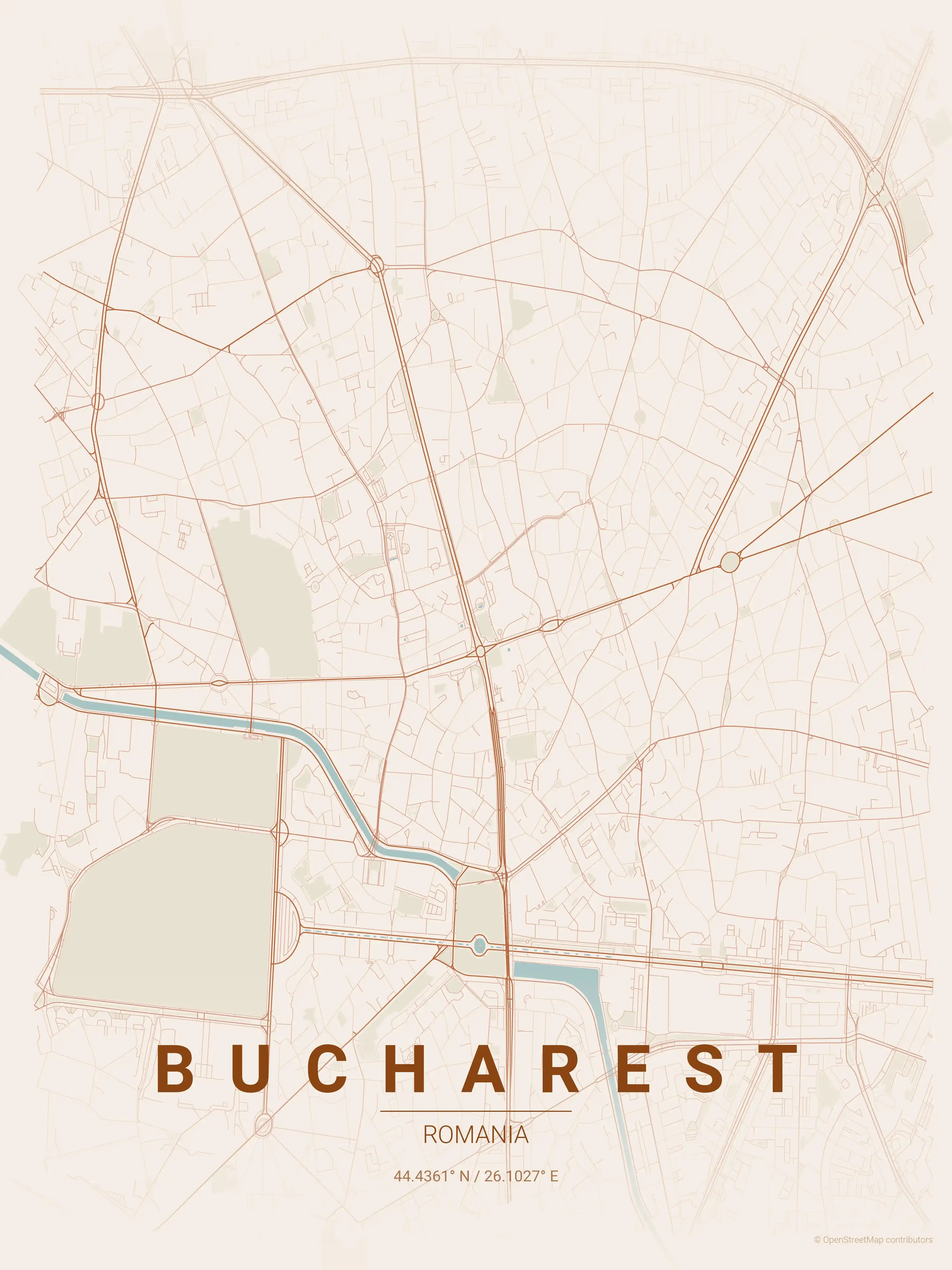 Minimalist terracotta street map of Bucharest, Romania - Urban grid art